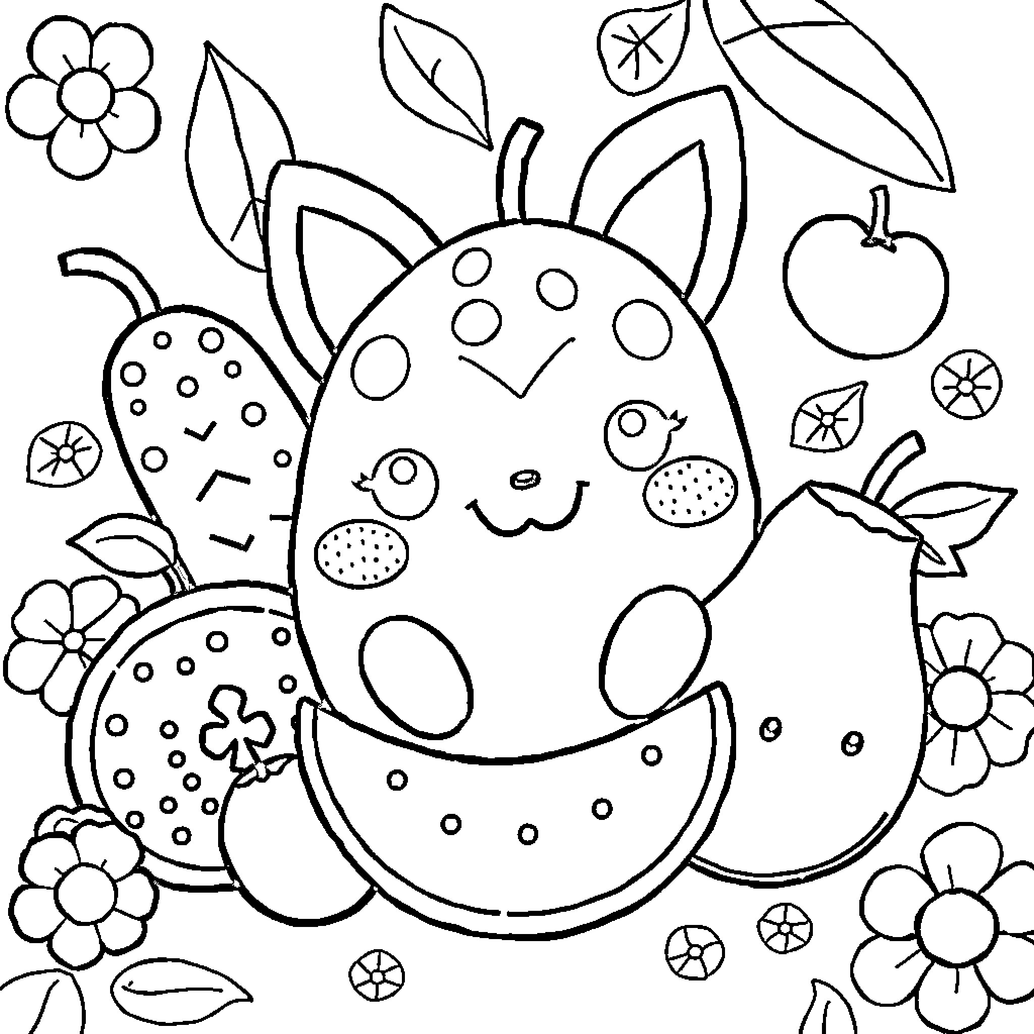 Animal characters in a whimsical scene Coloring Page (free black-and-white line drawing printable PDF for all, from beginners to advanced learners, including children, teens, adults, and seniors)
