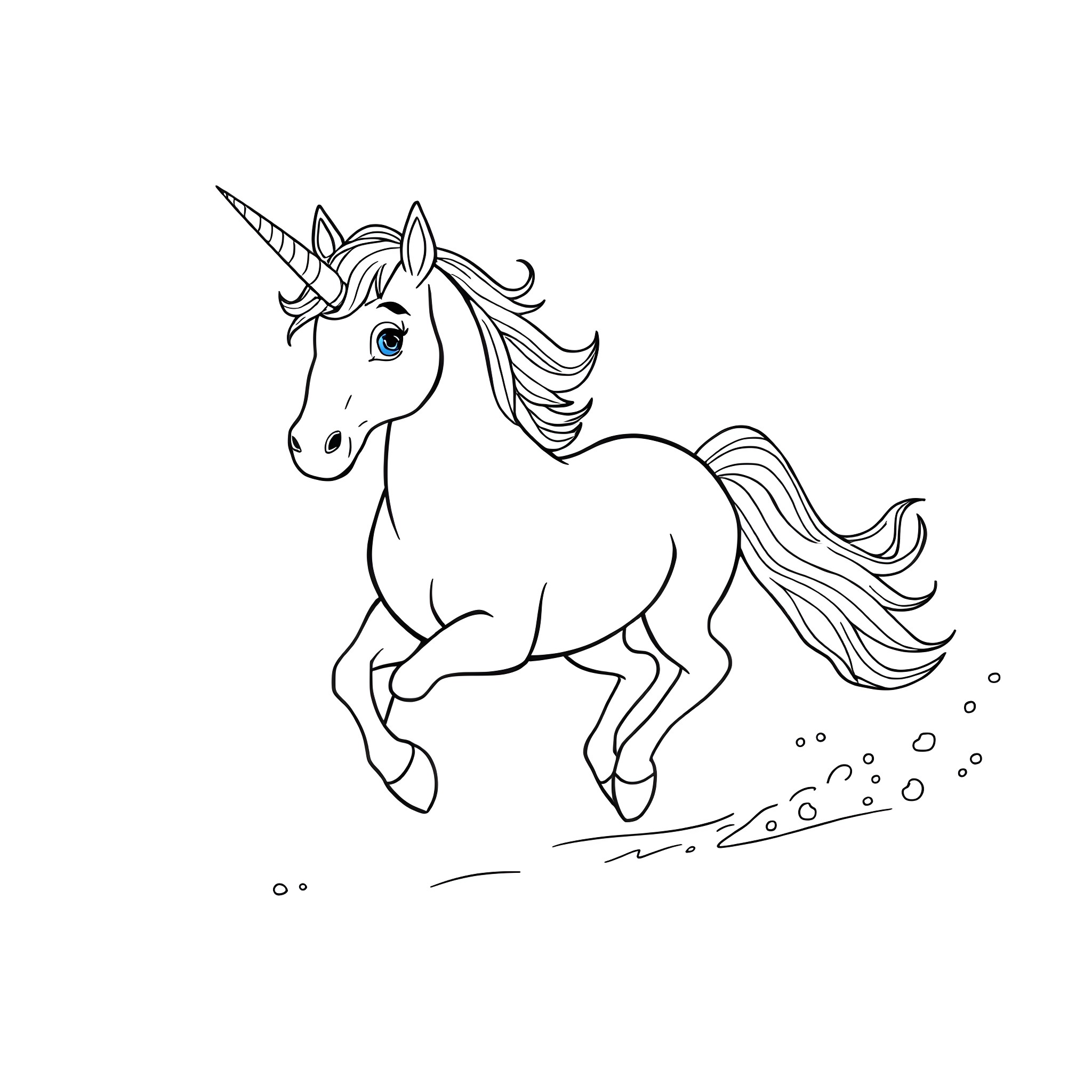 Unicorn galloping gracefully through the sky Coloring Page (free black-and-white line drawing printable PDF for all, from beginners to advanced learners, including children, teens, adults, and seniors)