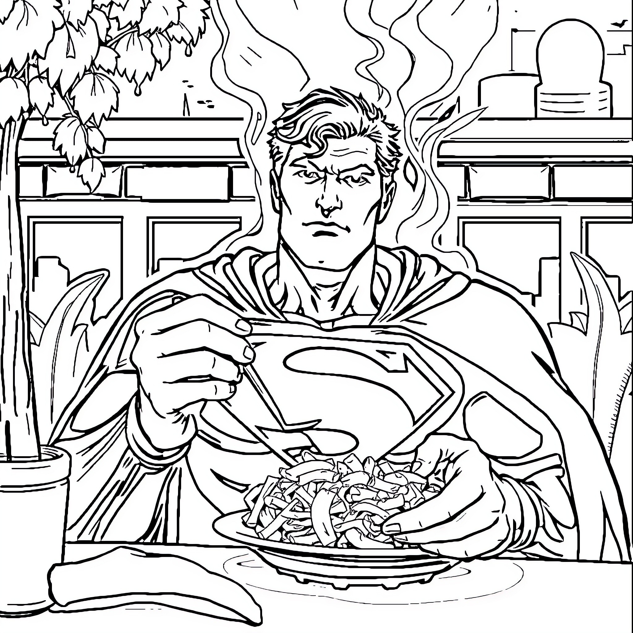Superman eating a hearty meal in a restaurant Coloring Page (free black-and-white line drawing printable PDF for all, from beginners to advanced learners, including children, teens, adults, and seniors)