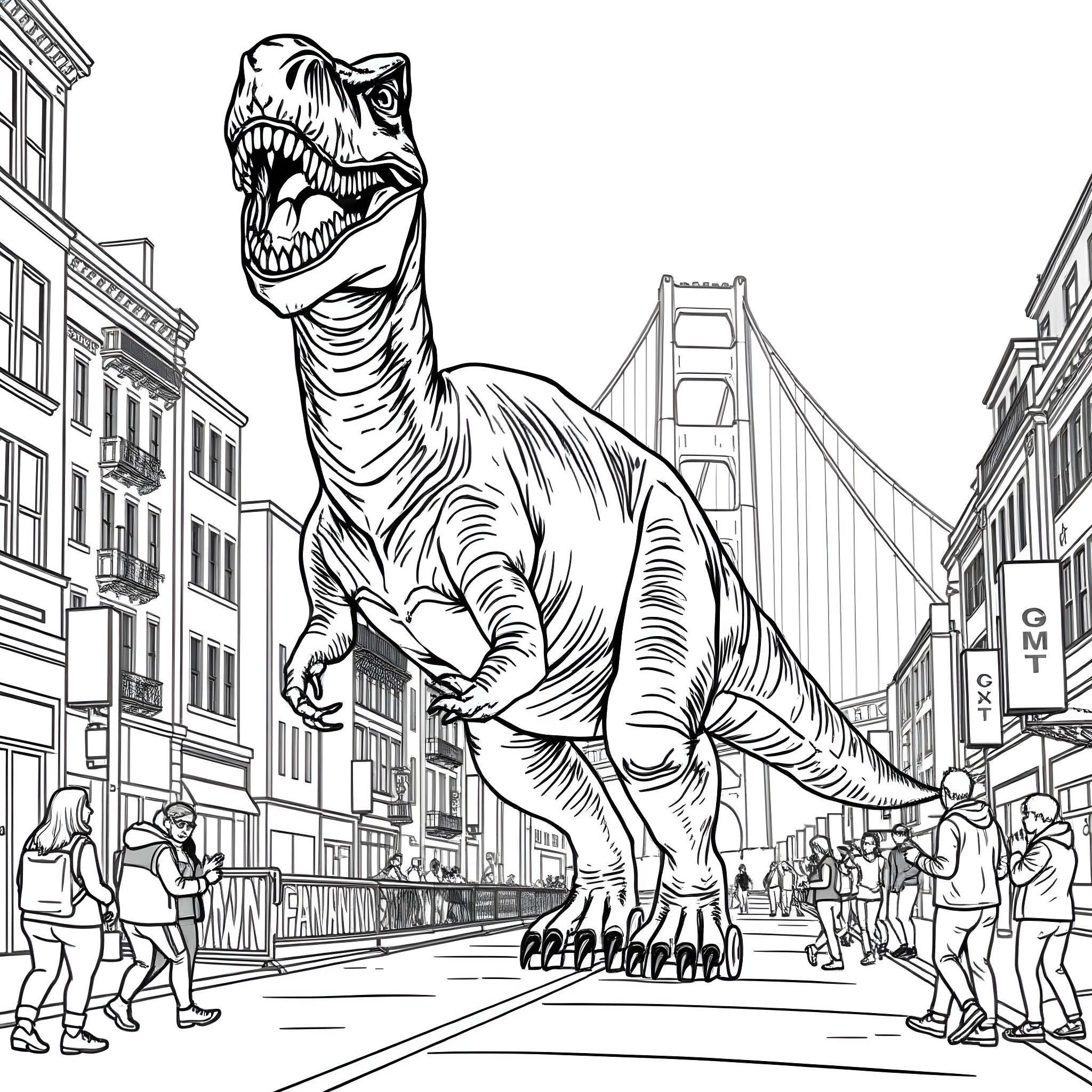 Dinosaur roaring in a bustling city street Coloring Page (free black-and-white line drawing printable PDF for all, from beginners to advanced learners, including children, teens, adults, and seniors)