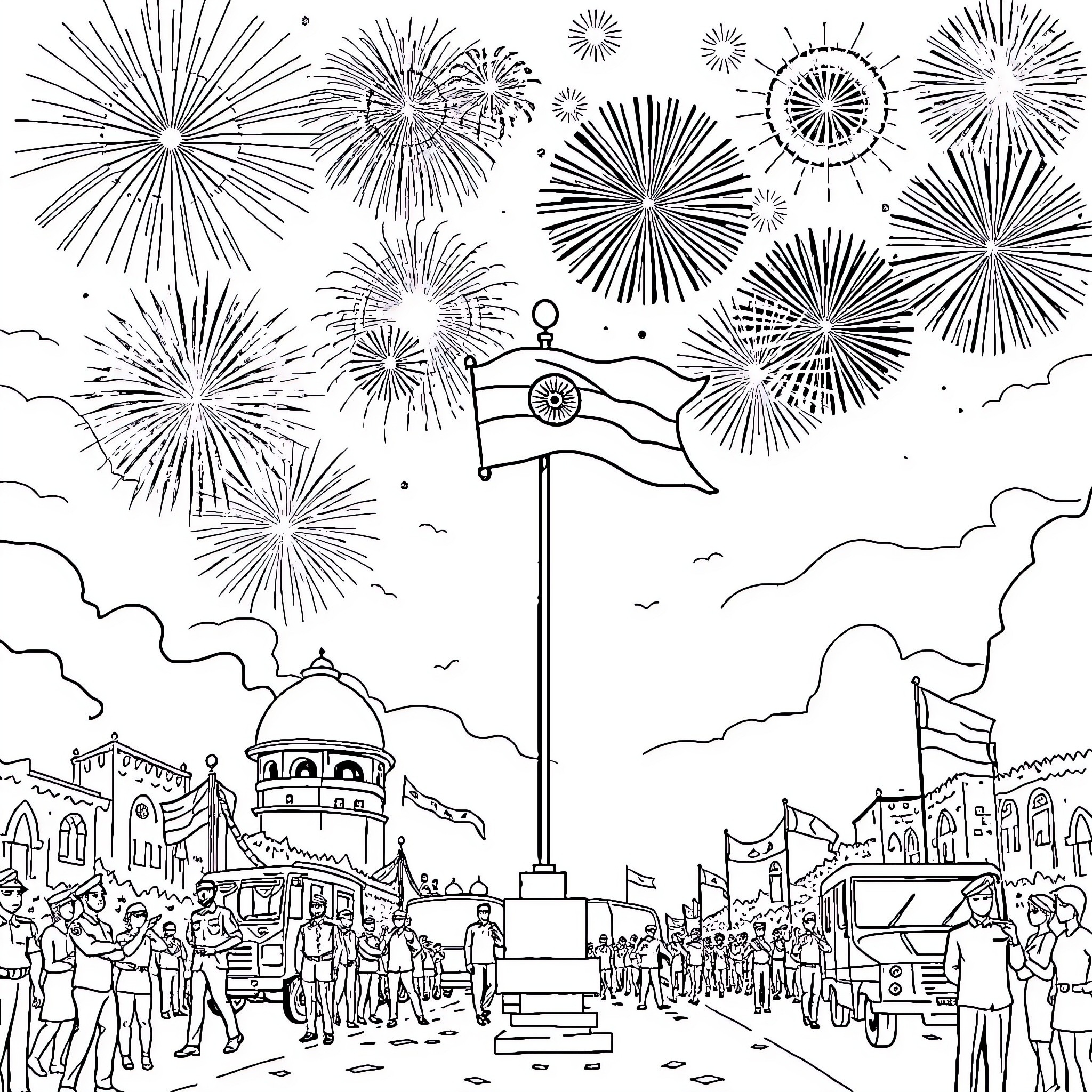Independence Day celebration with fireworks and flag Coloring Page (free black-and-white line drawing printable PDF for all, from beginners to advanced learners, including children, teens, adults, and seniors)