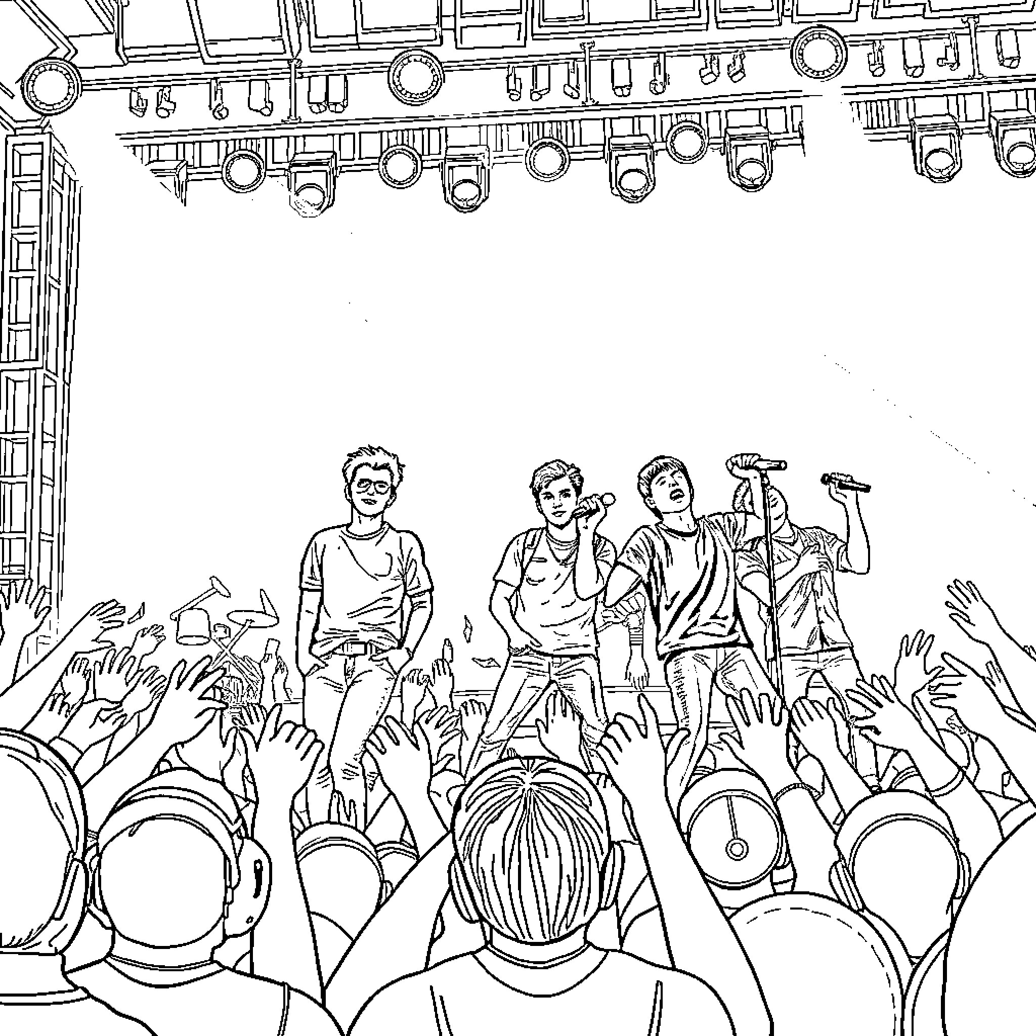 Backstreet Boys Performing on Stage Coloring Page (free black-and-white line drawing printable PDF for all, from beginners to advanced learners, including children, teens, adults, and seniors)