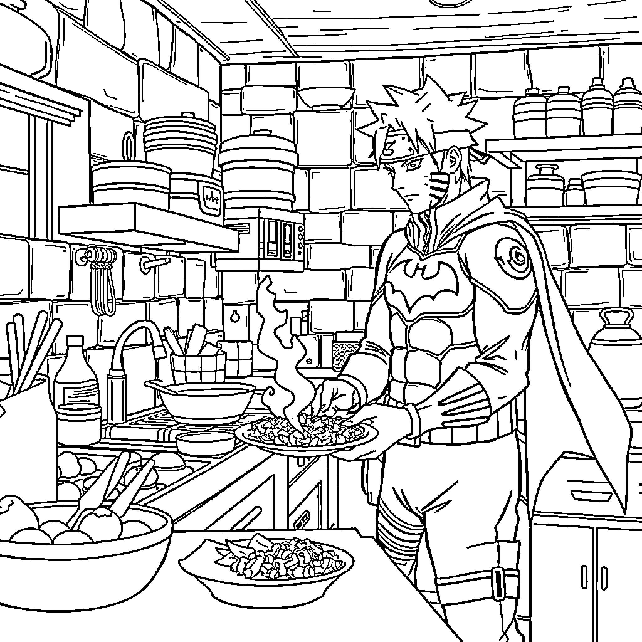 Naruto cooking up a storm in the kitchen Coloring Page (free black-and-white line drawing printable PDF for all, from beginners to advanced learners, including children, teens, adults, and seniors)