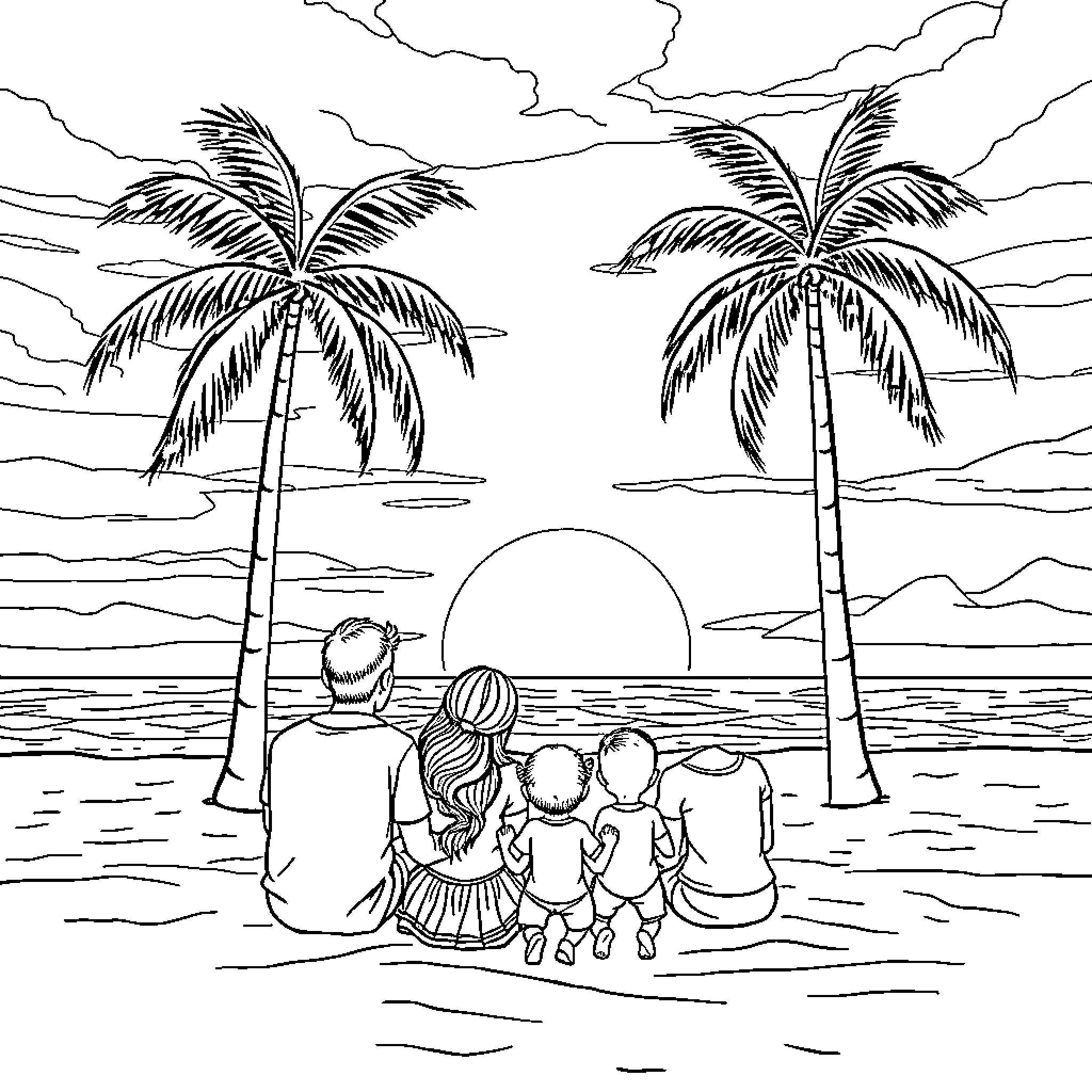 Family enjoying sunset on tropical beach Coloring Page (free black-and-white line drawing printable PDF for all, from beginners to advanced learners, including children, teens, adults, and seniors)