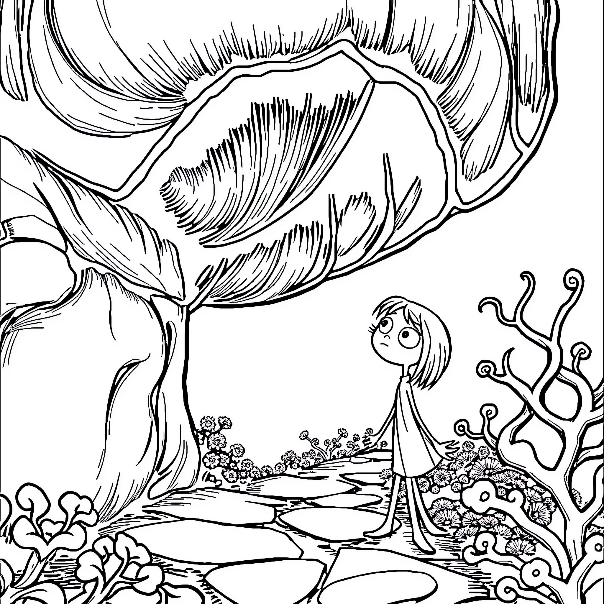 Coraline exploring the wondrous, fantastical world Coloring Page (free black-and-white line drawing printable PDF for all, from beginners to advanced learners, including children, teens, adults, and seniors)