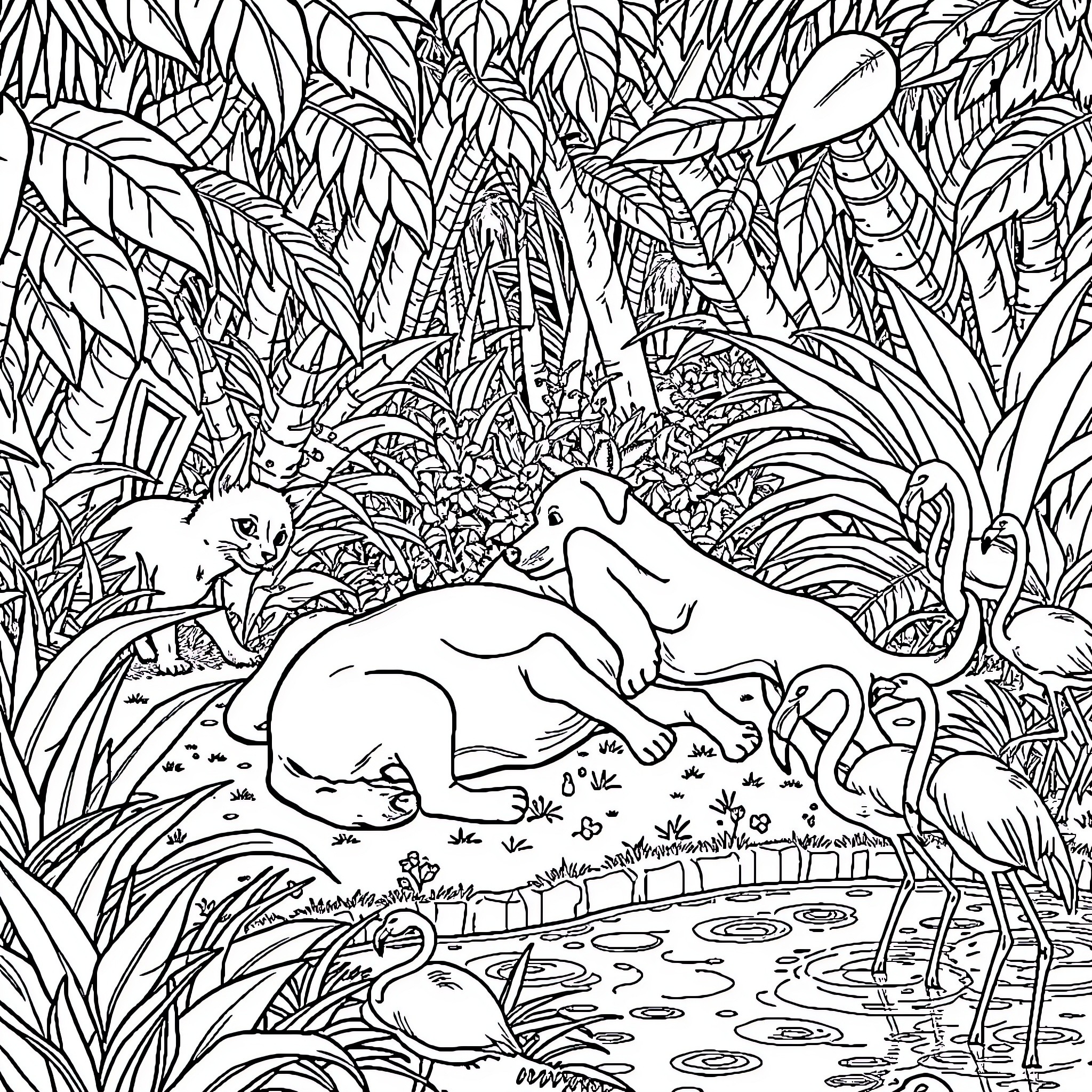 Dog resting peacefully in lush tropical garden Coloring Page (free black-and-white line drawing printable PDF for all, from beginners to advanced learners, including children, teens, adults, and seniors)