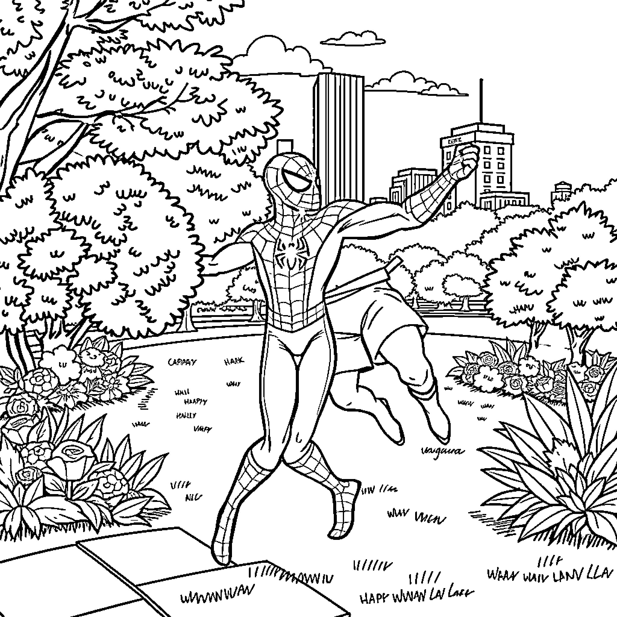 Spiderman heroically swinging through the city Coloring Page (free black-and-white line drawing printable PDF for all, from beginners to advanced learners, including children, teens, adults, and seniors)
