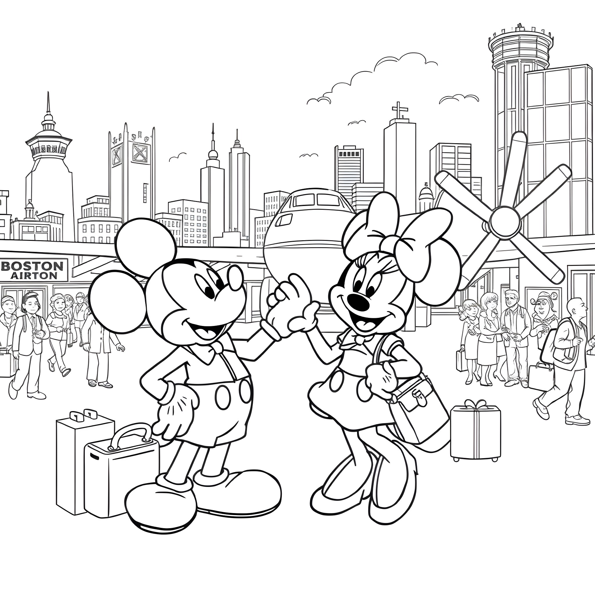 Mickey Mouse and Minnie Mouse at Boston Airport Coloring Page (free black-and-white line drawing printable PDF for all, from beginners to advanced learners, including children, teens, adults, and seniors)