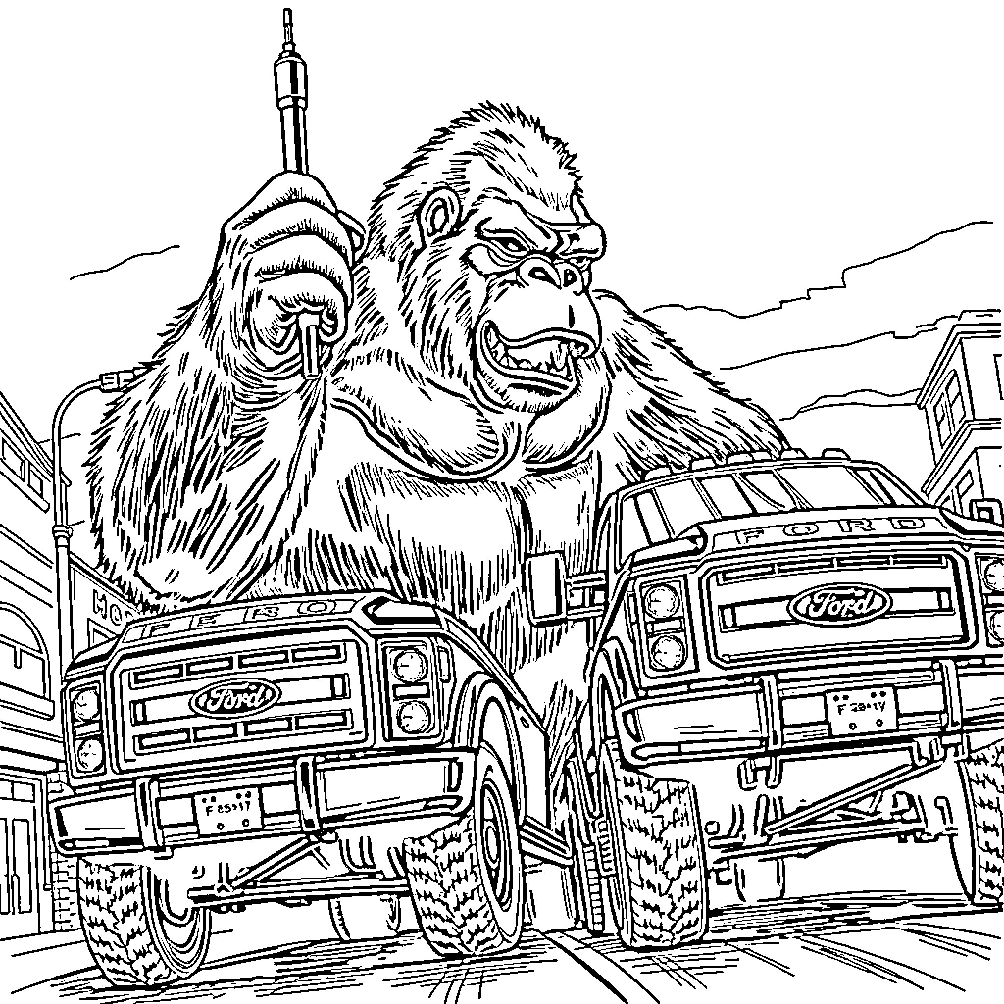 King Kong battles giant trucks in urban setting Coloring Page (free black-and-white line drawing printable PDF for all, from beginners to advanced learners, including children, teens, adults, and seniors)