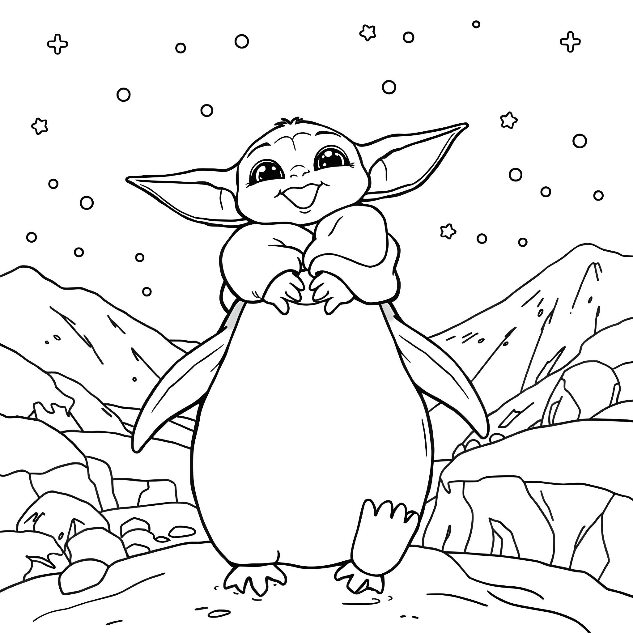 Yoda-like creature exploring the snowy landscape Coloring Page (free black-and-white line drawing printable PDF for all, from beginners to advanced learners, including children, teens, adults, and seniors)