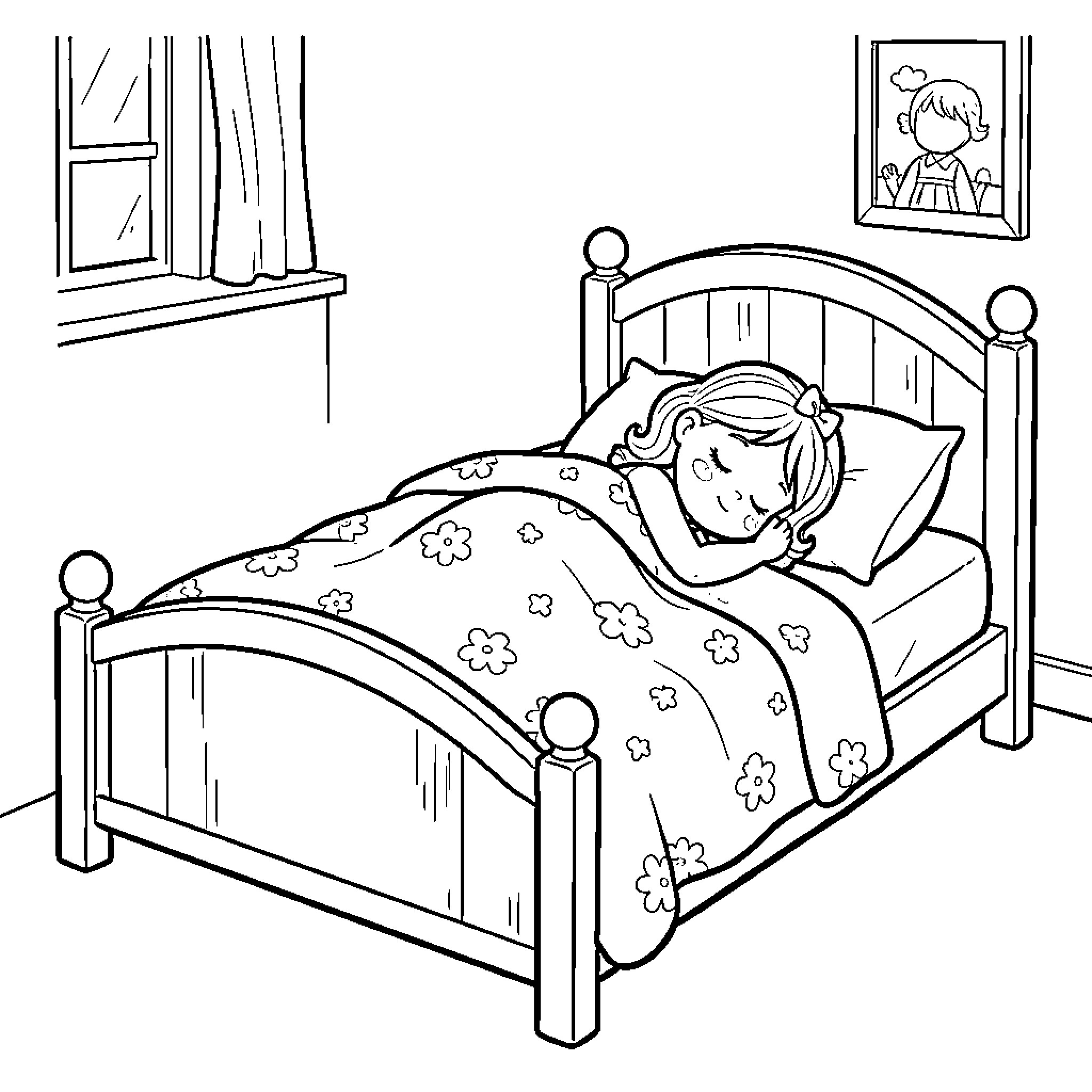 Lit little girl sleeping peacefully in her bed Coloring Page (free black-and-white line drawing printable PDF for all, from beginners to advanced learners, including children, teens, adults, and seniors)