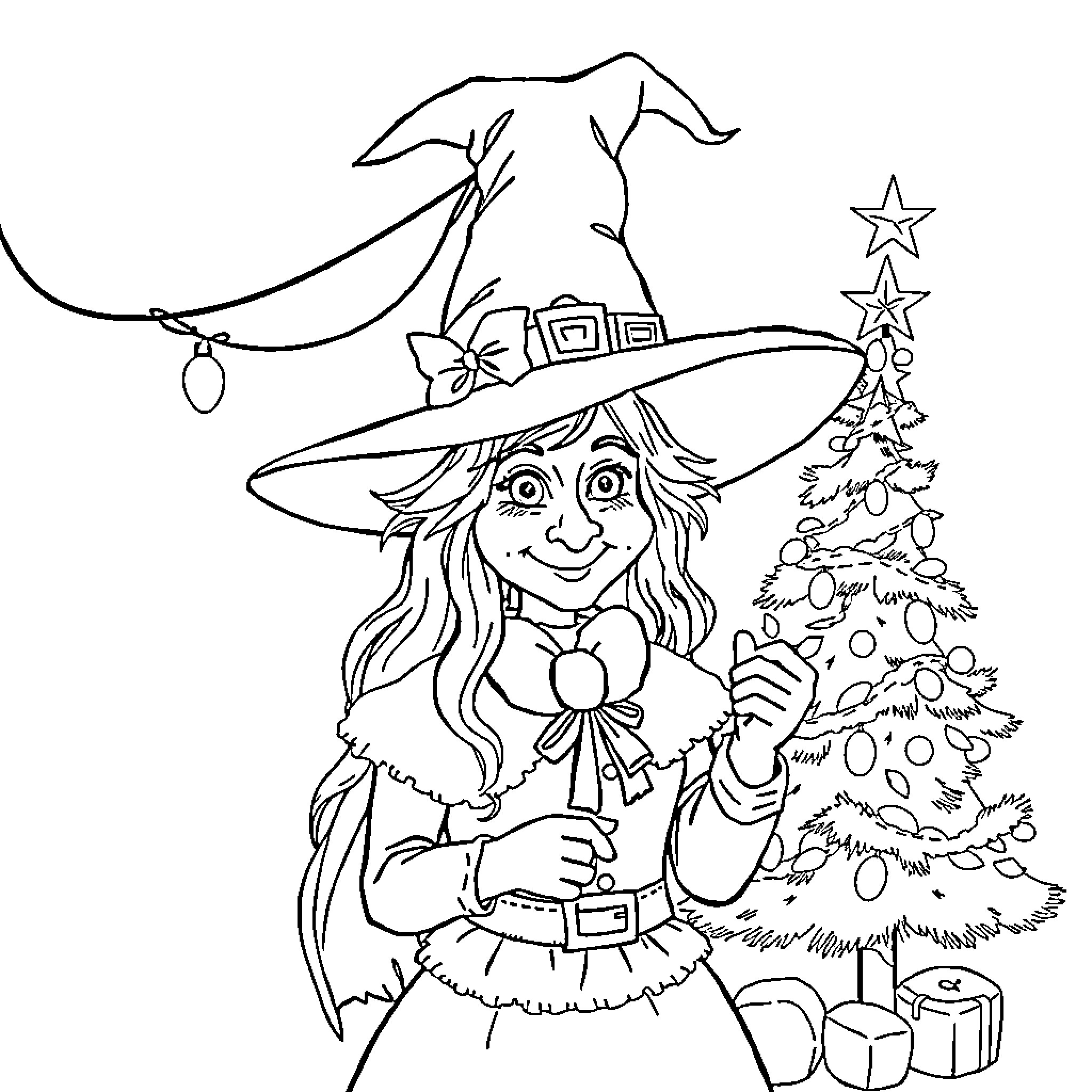 Witch Decorating Christmas Tree With Joy Coloring Page (free black-and-white line drawing printable PDF for all, from beginners to advanced learners, including children, teens, adults, and seniors)