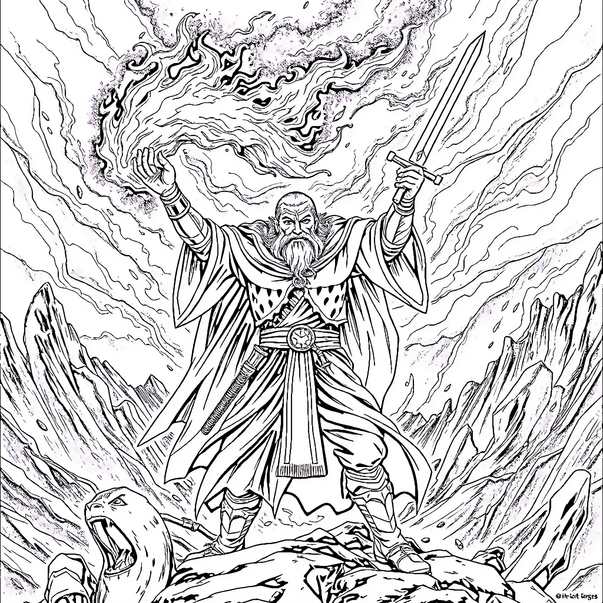 Seigneur's Wrathful Emergence from the Tumultuous Peaks Coloring Page (free black-and-white line drawing printable PDF for all, from beginners to advanced learners, including children, teens, adults, and seniors)