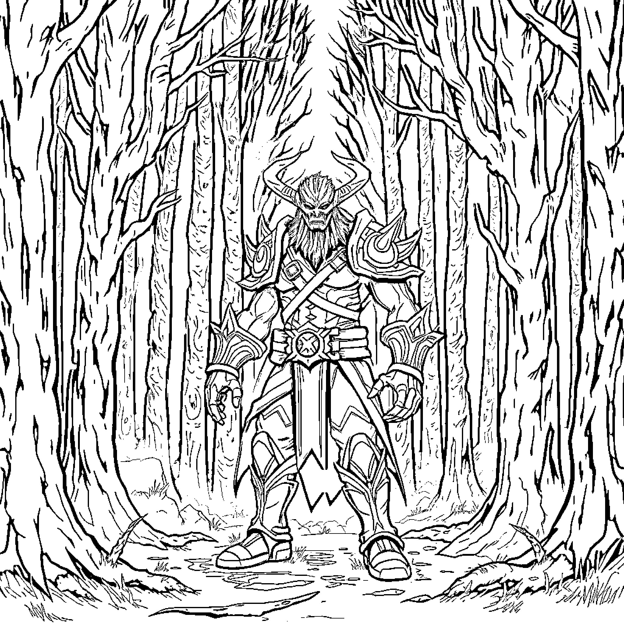 Thresh, the Armored Warrior in the Mystic Forest Coloring Page (free black-and-white line drawing printable PDF for all, from beginners to advanced learners, including children, teens, adults, and seniors)