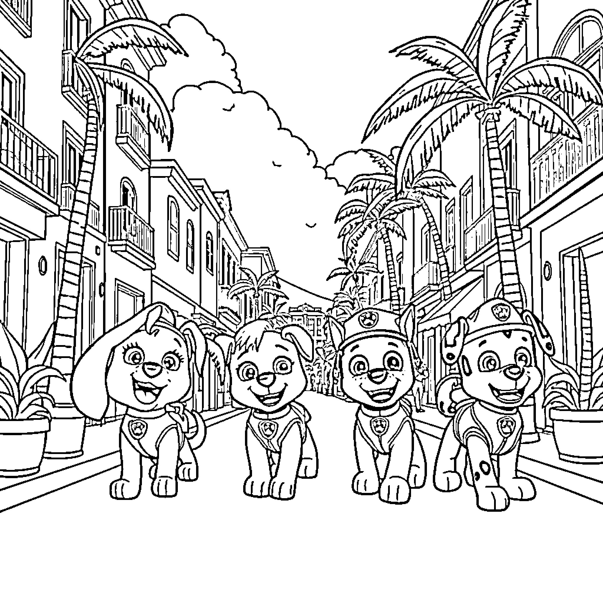 Paw Patrol on a Tropical Adventure Coloring Page (free black-and-white line drawing printable PDF for all, from beginners to advanced learners, including children, teens, adults, and seniors)