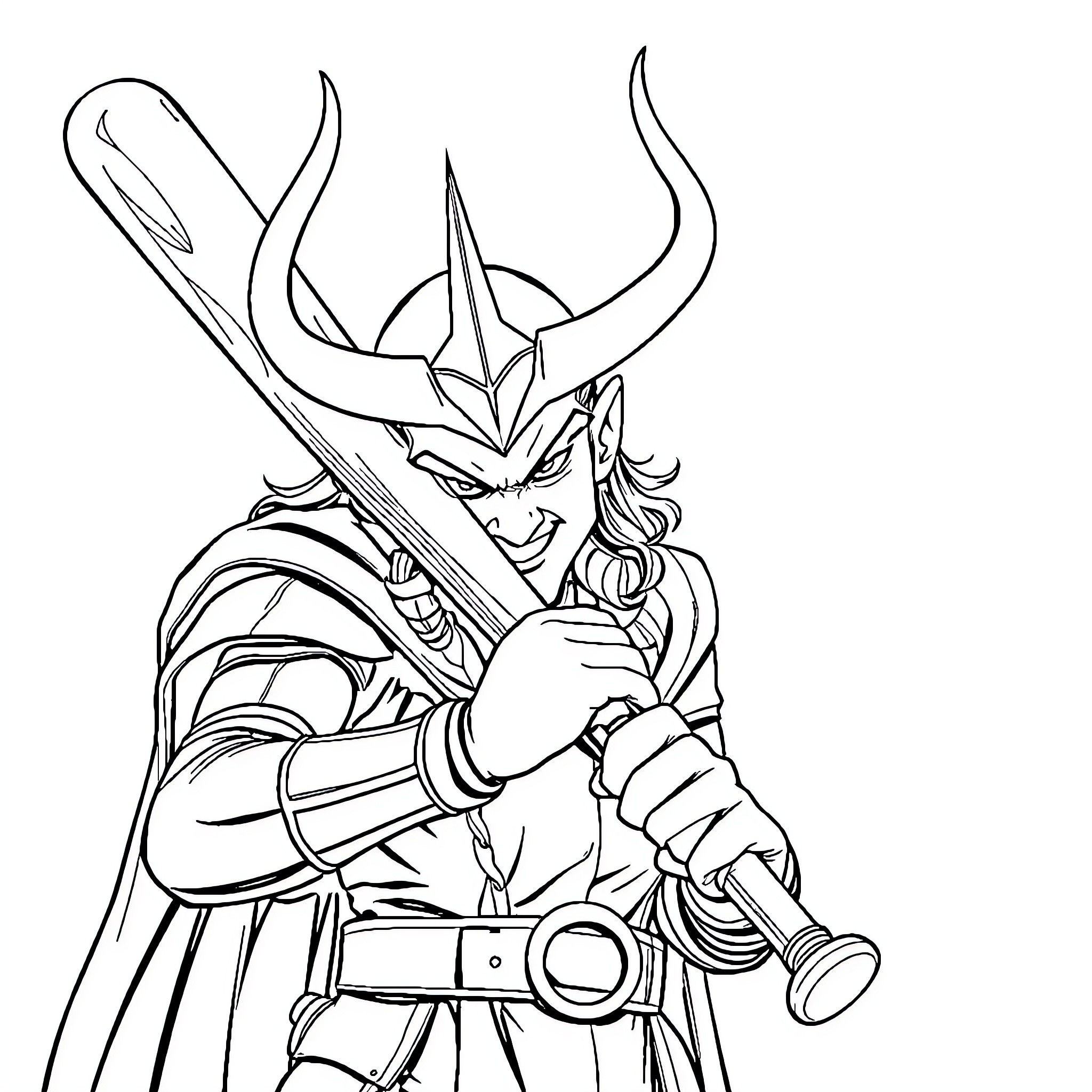 Loki Wielding Swords in Heroic Pose Coloring Page (free black-and-white line drawing printable PDF for all, from beginners to advanced learners, including children, teens, adults, and seniors)