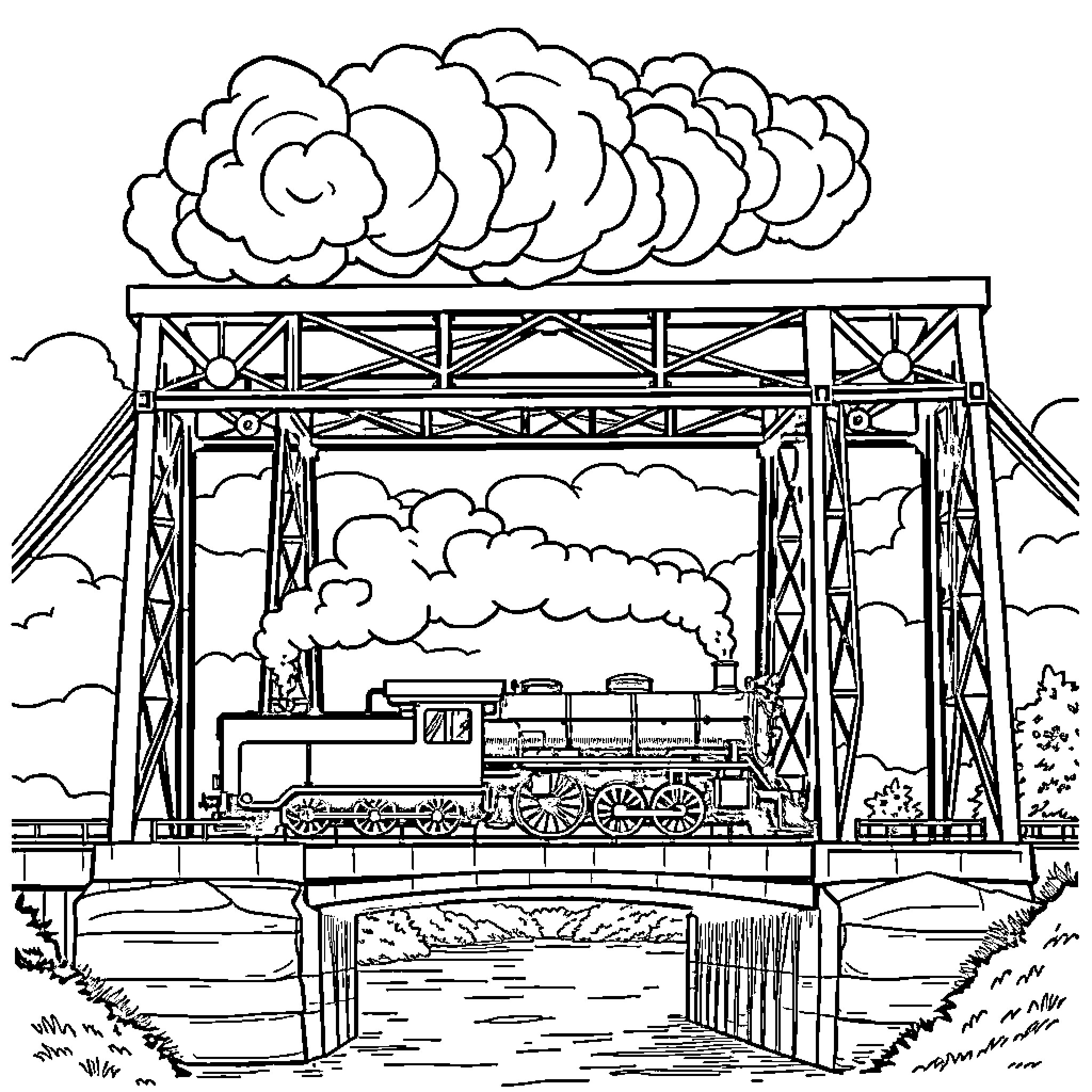 Train traversing a sturdy bridge over a waterway Coloring Page (free black-and-white line drawing printable PDF for all, from beginners to advanced learners, including children, teens, adults, and seniors)