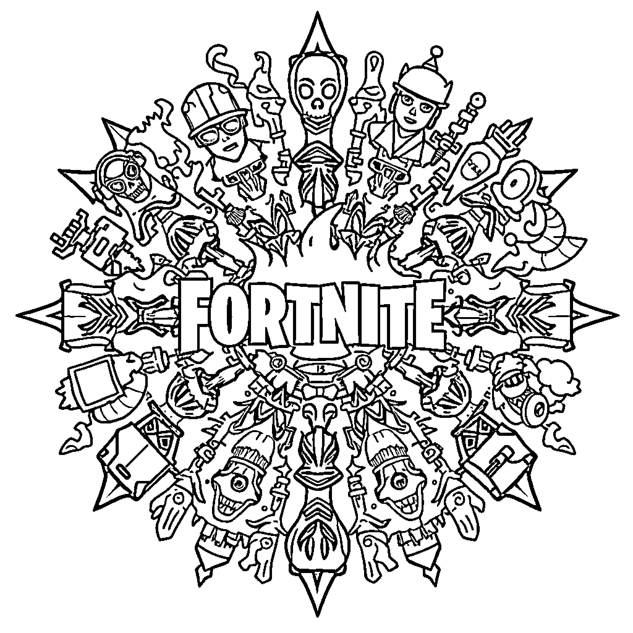 Fortnite Characters and Symbols Collage Coloring Page (free black-and-white line drawing printable PDF for all, from beginners to advanced learners, including children, teens, adults, and seniors)