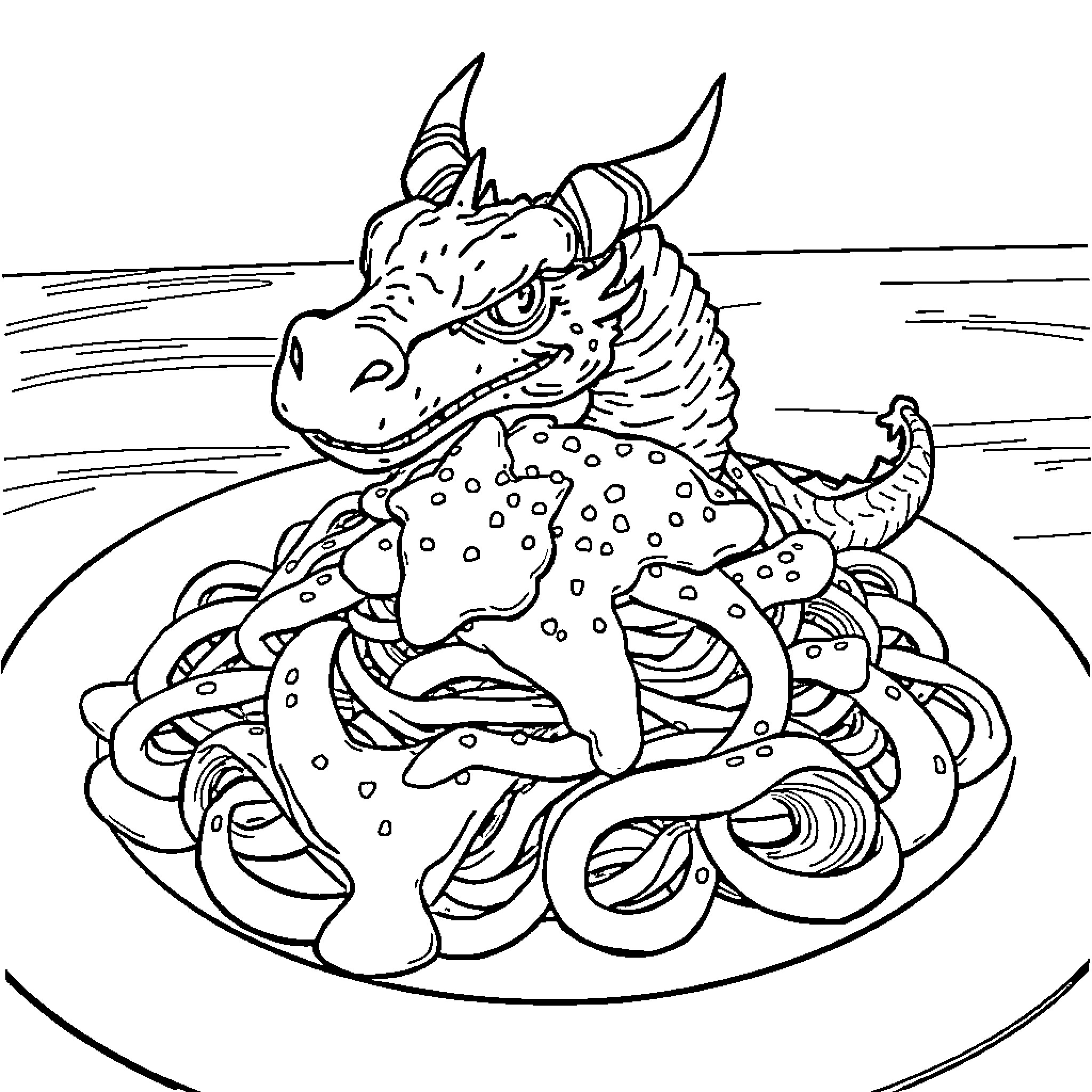 Dragon enjoying a plate of noodly treats Coloring Page (free black-and-white line drawing printable PDF for all, from beginners to advanced learners, including children, teens, adults, and seniors)