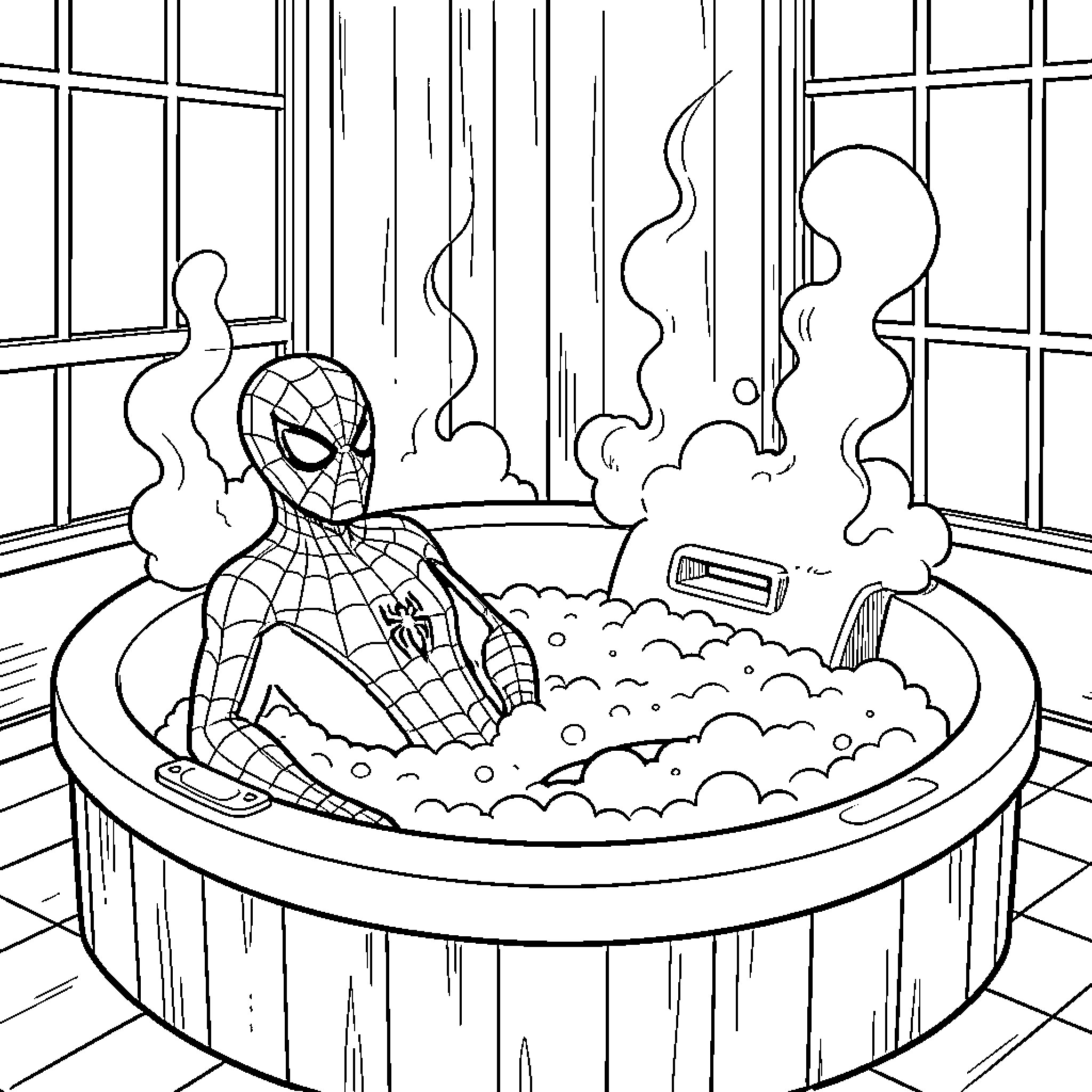 Spiderman relaxing in a steaming hot tub Coloring Page (free black-and-white line drawing printable PDF for all, from beginners to advanced learners, including children, teens, adults, and seniors)