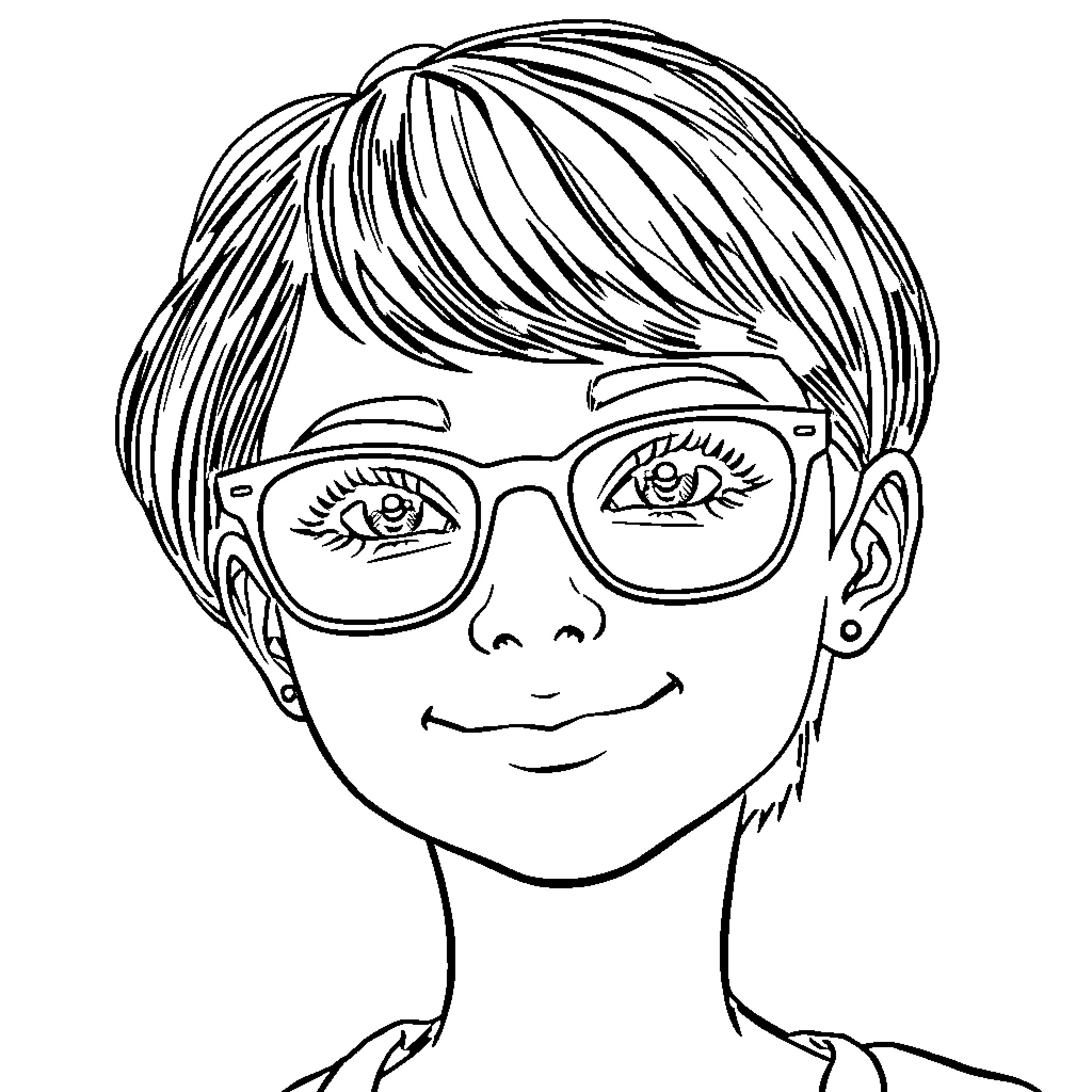 Girl with Glasses Smiling Joyfully Coloring Page (free black-and-white line drawing printable PDF for all, from beginners to advanced learners, including children, teens, adults, and seniors)