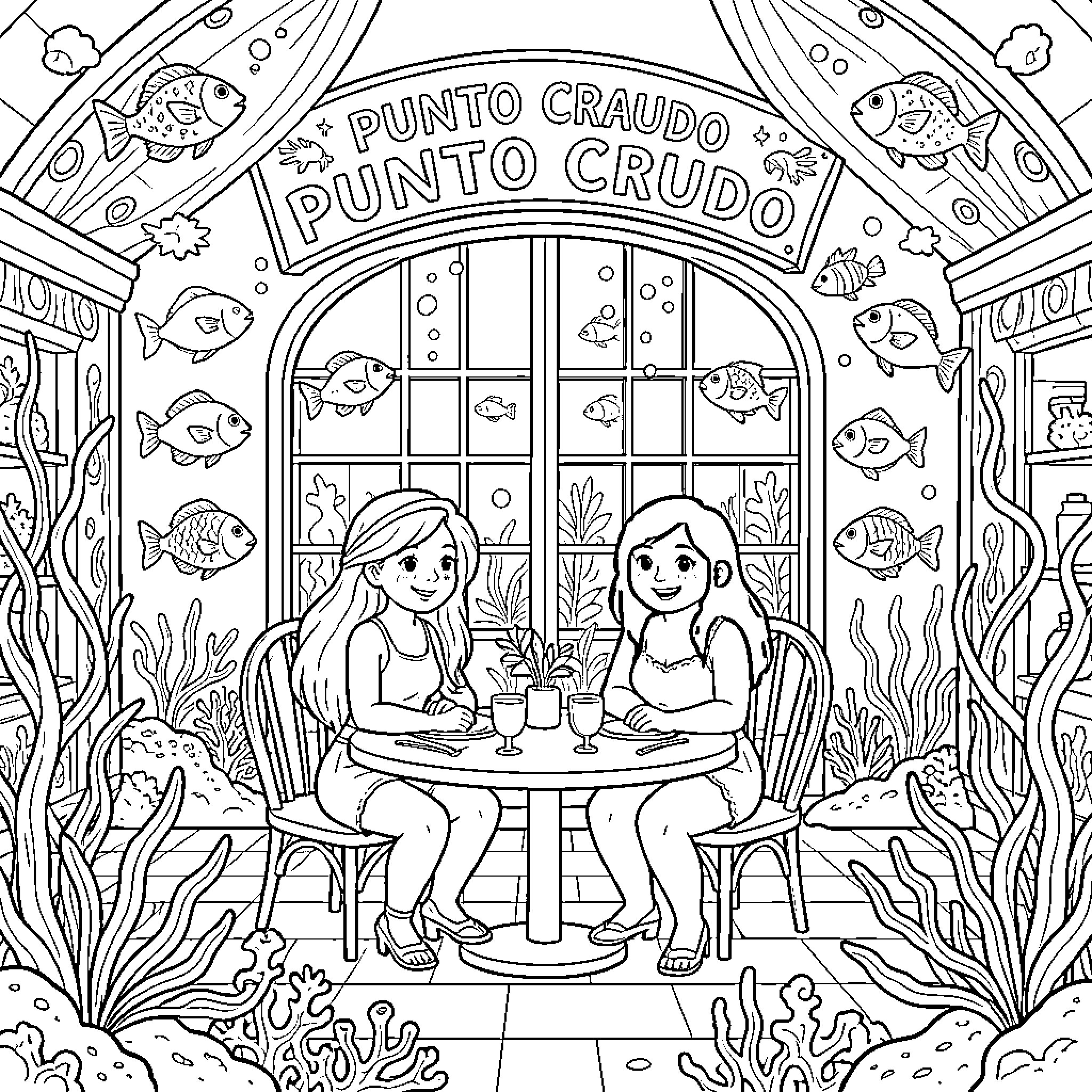 Ariel and Friend Enjoying Refreshments at Punto Craudo Cafe Coloring Page (free black-and-white line drawing printable PDF for all, from beginners to advanced learners, including children, teens, adults, and seniors)