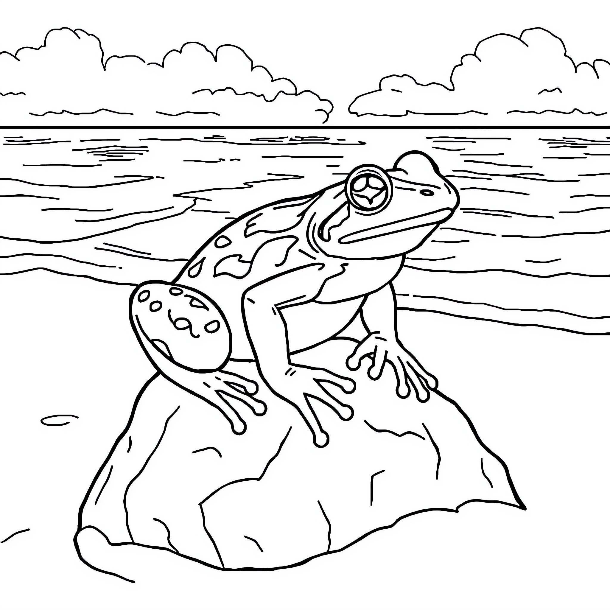 Coqui frog sitting on a rock by the lake Coloring Page (free black-and-white line drawing printable PDF for all, from beginners to advanced learners, including children, teens, adults, and seniors)