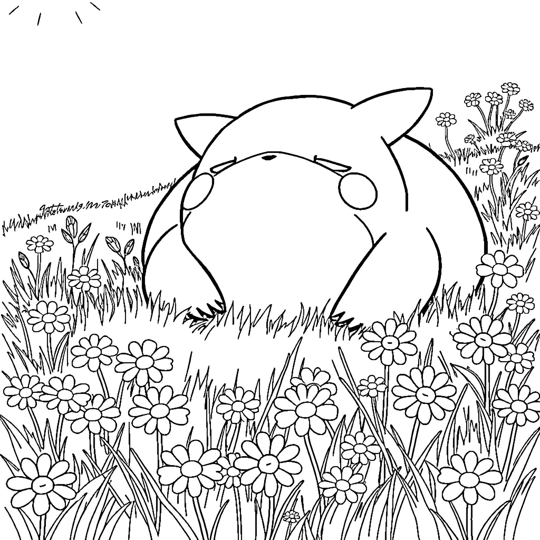 Snorlax resting in a flowery meadow Coloring Page (free black-and-white line drawing printable PDF for all, from beginners to advanced learners, including children, teens, adults, and seniors)