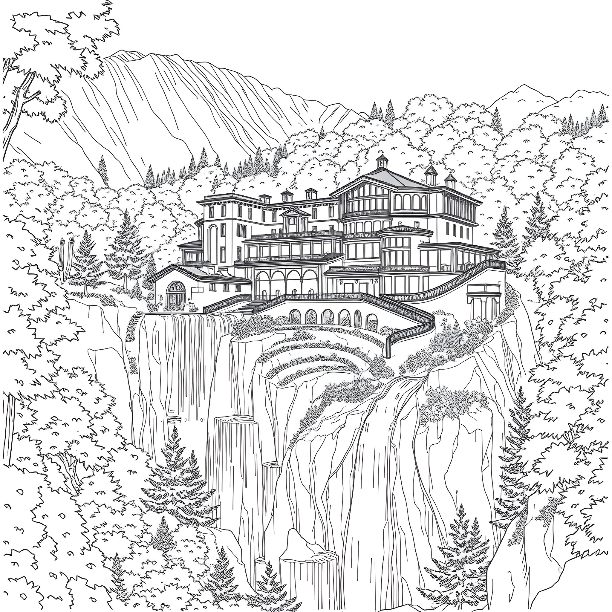 Falling Water: Architectural Masterpiece Amidst Nature's Grandeur Coloring Page (free black-and-white line drawing printable PDF for all, from beginners to advanced learners, including children, teens, adults, and seniors)