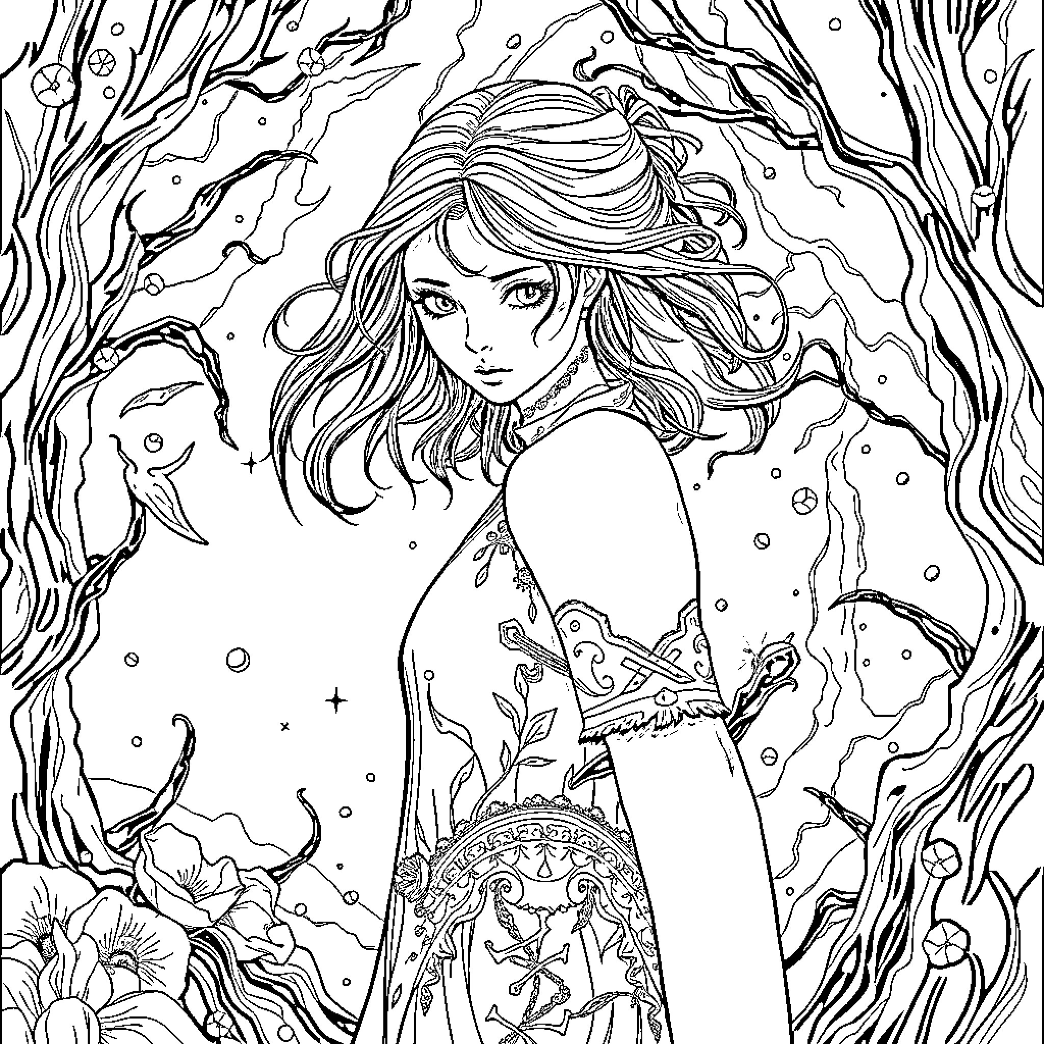 Shatter Me: Ethereal Enchantress Amid Whimsical Surroundings Coloring Page (free black-and-white line drawing printable PDF for all, from beginners to advanced learners, including children, teens, adults, and seniors)