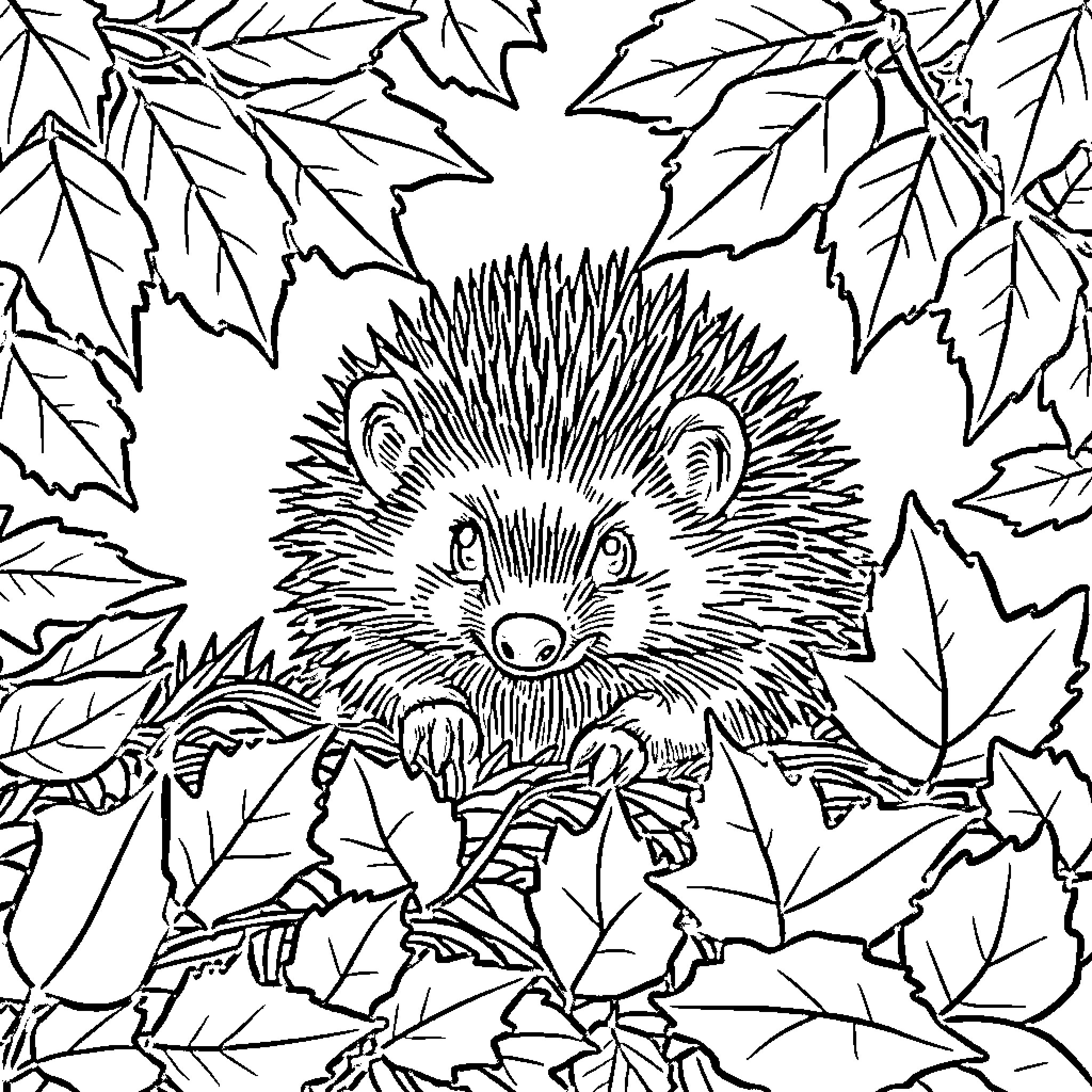 Hedgehog peeking through autumn leaves Coloring Page (free black-and-white line drawing printable PDF for all, from beginners to advanced learners, including children, teens, adults, and seniors)