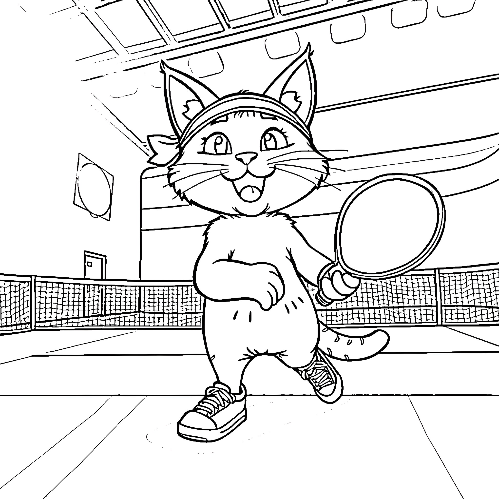 Cat playing tennis on the court Coloring Page (free black-and-white line drawing printable PDF for all, from beginners to advanced learners, including children, teens, adults, and seniors)