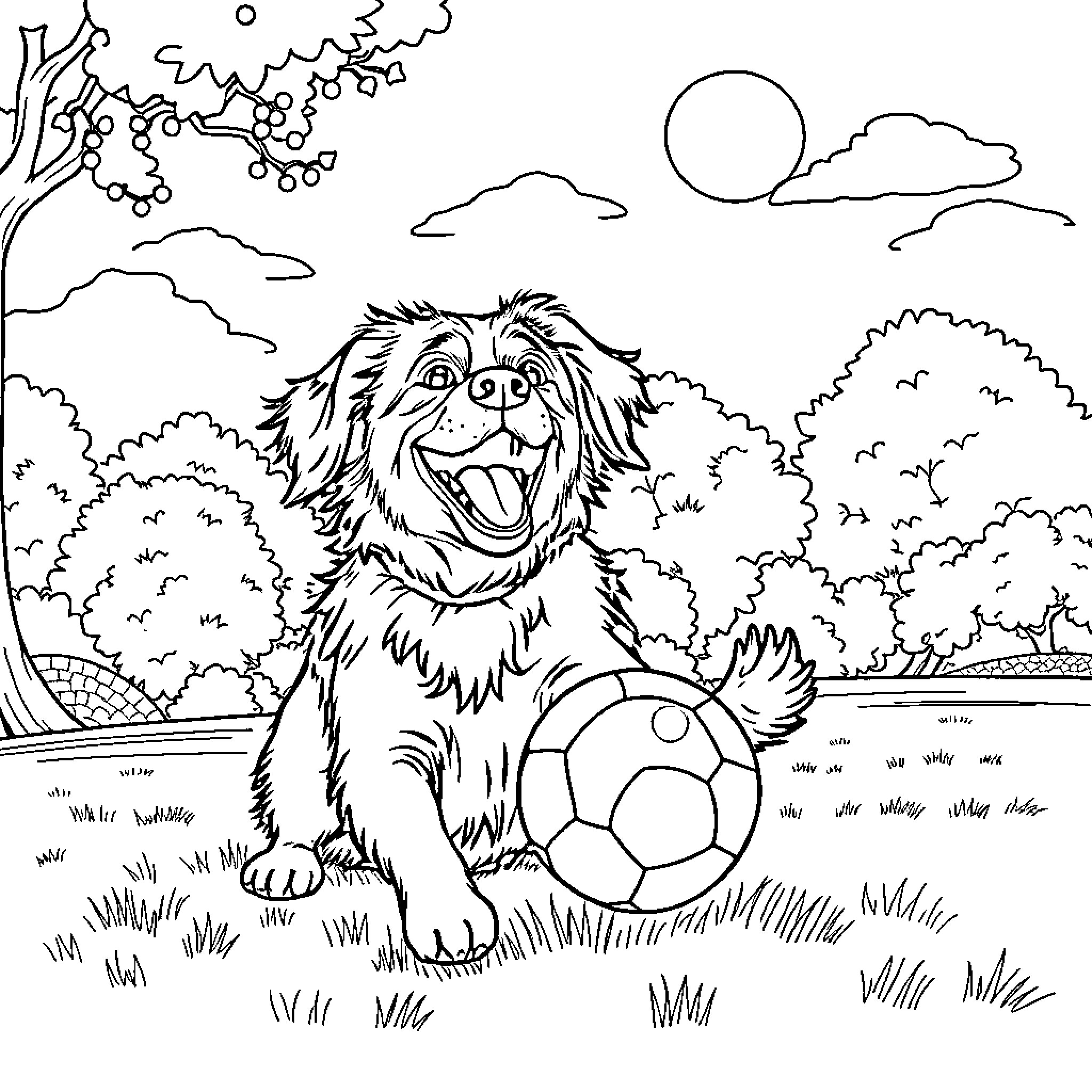 Dog playing happily with soccer ball in the park Coloring Page (free black-and-white line drawing printable PDF for all, from beginners to advanced learners, including children, teens, adults, and seniors)