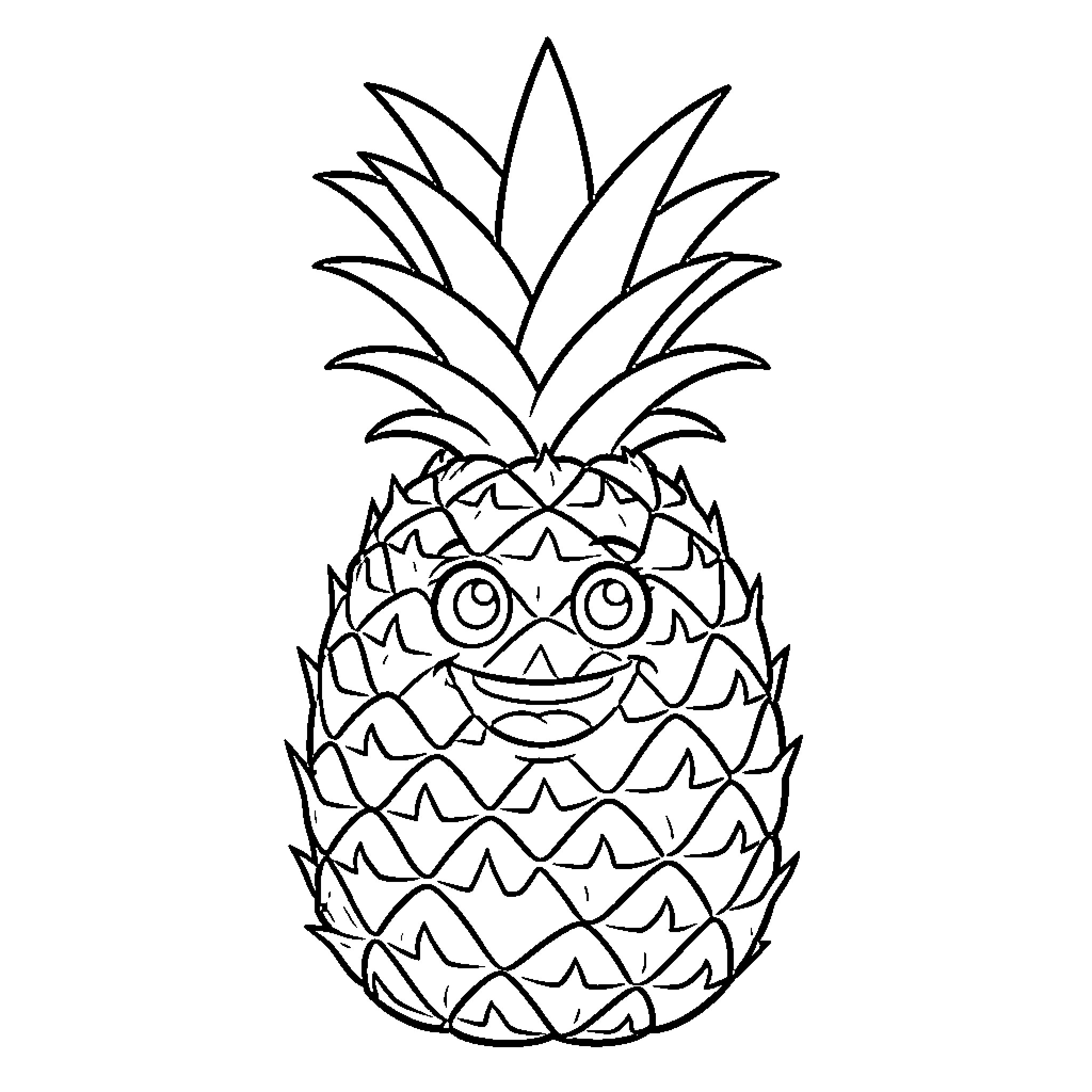 Pineapple smiling happily with a friendly expression Coloring Page (free black-and-white line drawing printable PDF for all, from beginners to advanced learners, including children, teens, adults, and seniors)