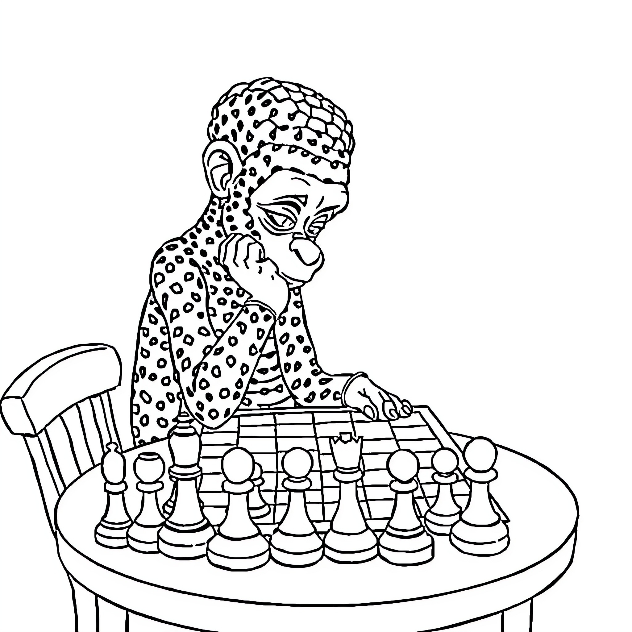 Labubu playing chess on a checkered table Coloring Page (free black-and-white line drawing printable PDF for all, from beginners to advanced learners, including children, teens, adults, and seniors)