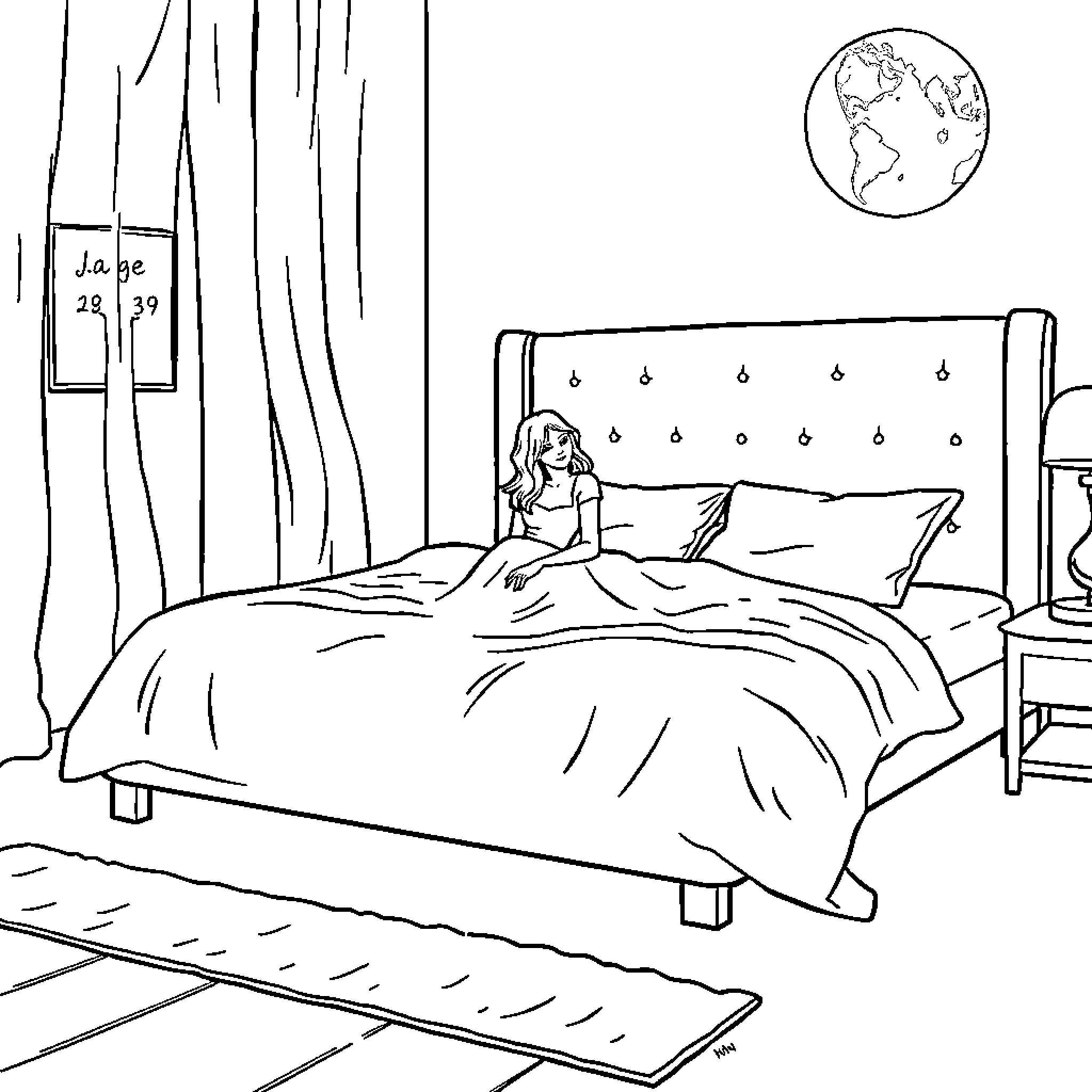Woman resting alone in bedroom at night Coloring Page (free black-and-white line drawing printable PDF for all, from beginners to advanced learners, including children, teens, adults, and seniors)