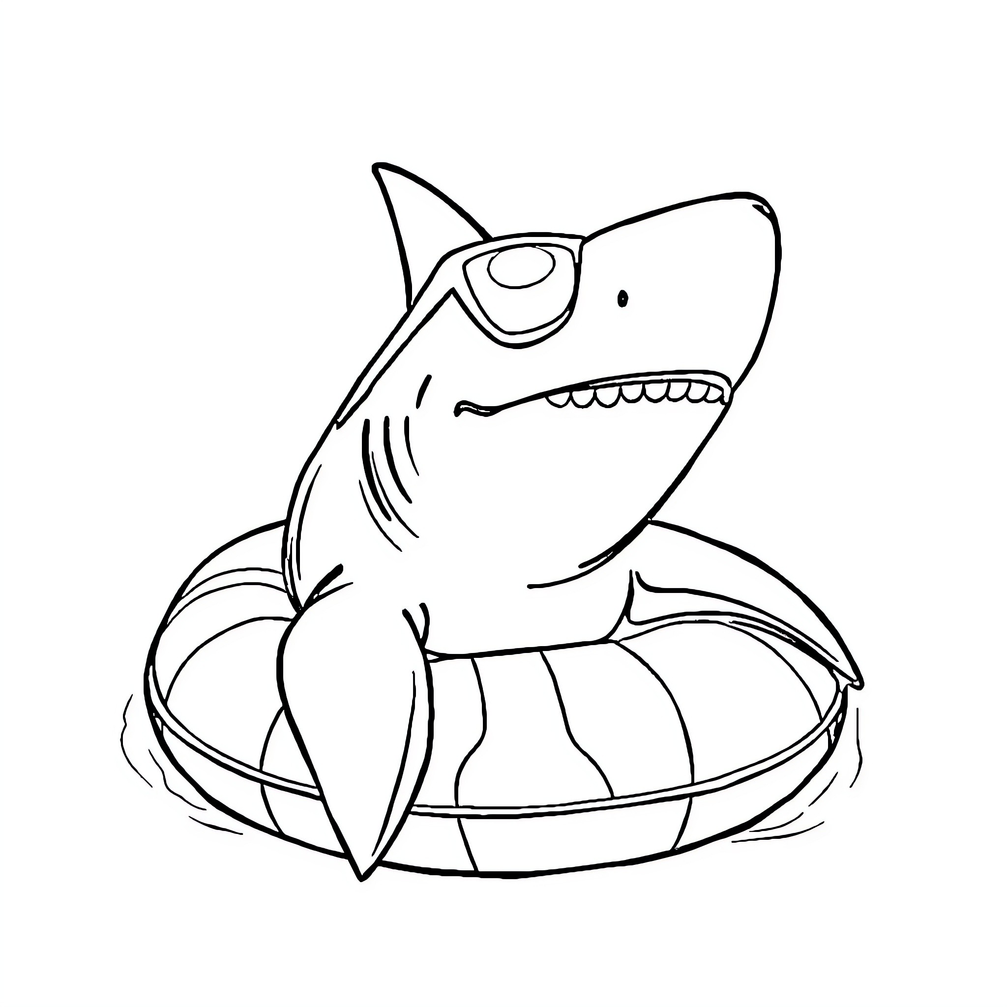 Shark swimming in inner tube Coloring Page (free black-and-white line drawing printable PDF for all, from beginners to advanced learners, including children, teens, adults, and seniors)