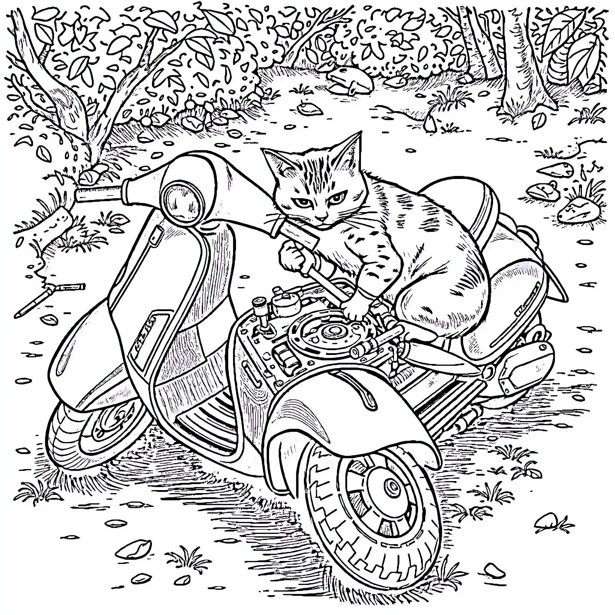 Vespa scooter with cat riding in the forest Coloring Page (free black-and-white line drawing printable PDF for all, from beginners to advanced learners, including children, teens, adults, and seniors)