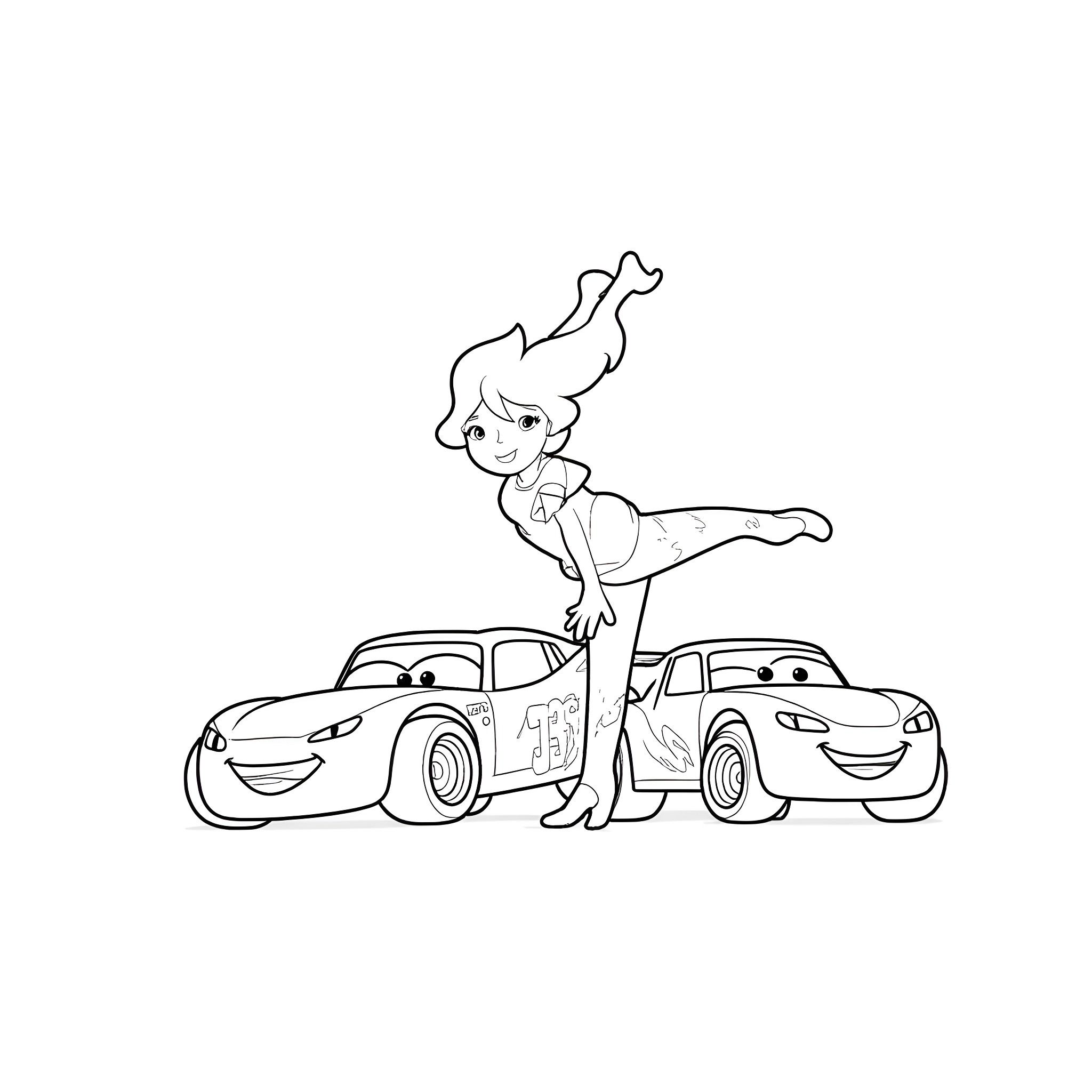 Lightning McQueen having fun with friends Coloring Page (free black-and-white line drawing printable PDF for all, from beginners to advanced learners, including children, teens, adults, and seniors)