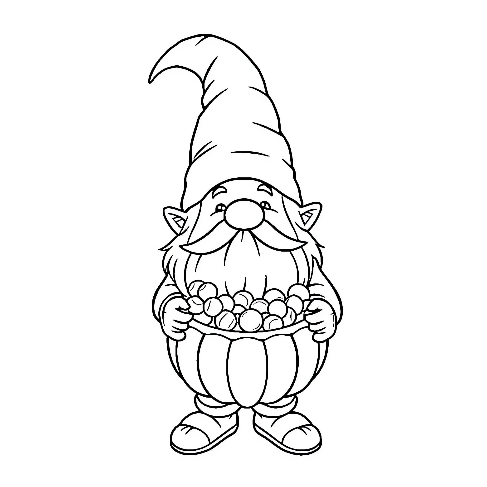 Gnome holding a basket of fruits Coloring Page (free black-and-white line drawing printable PDF for all, from beginners to advanced learners, including children, teens, adults, and seniors)