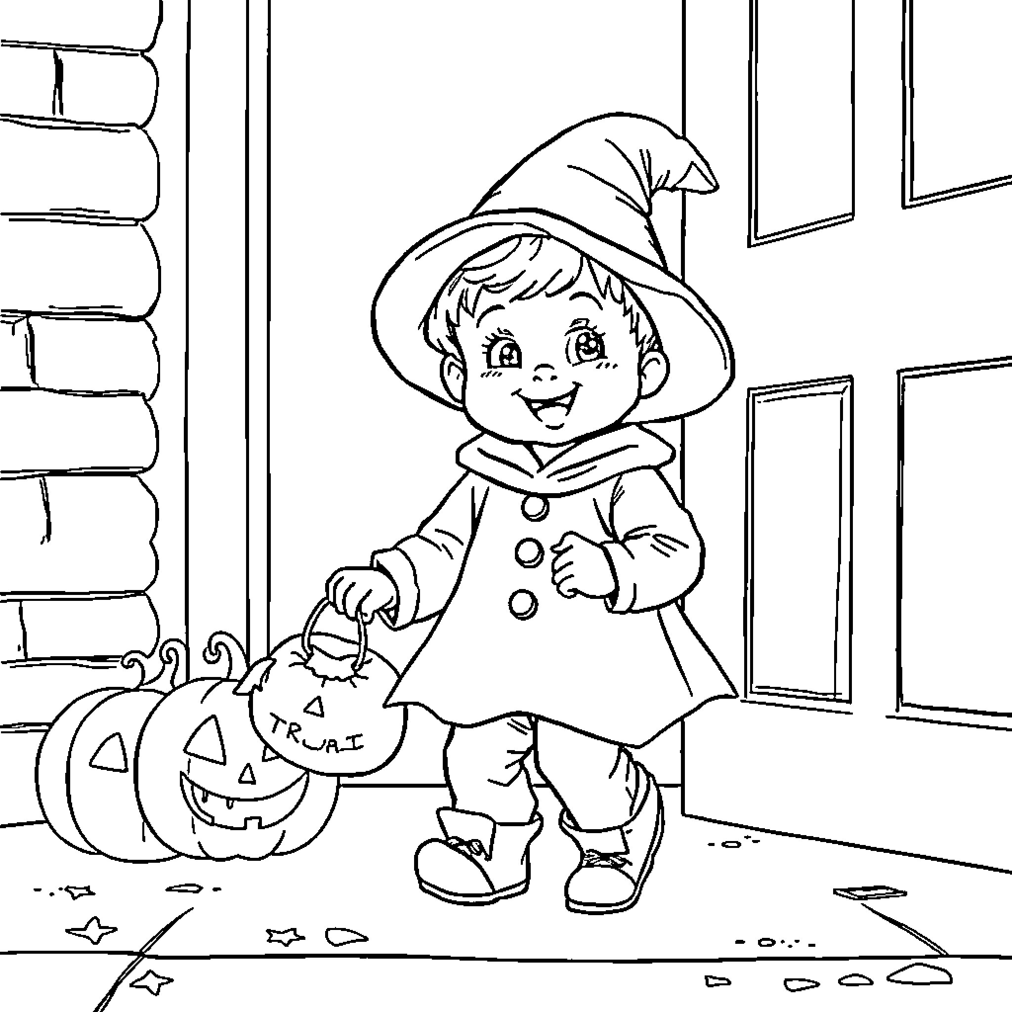 Toddler Trick-or-Treating on Halloween Coloring Page (free black-and-white line drawing printable PDF for all, from beginners to advanced learners, including children, teens, adults, and seniors)