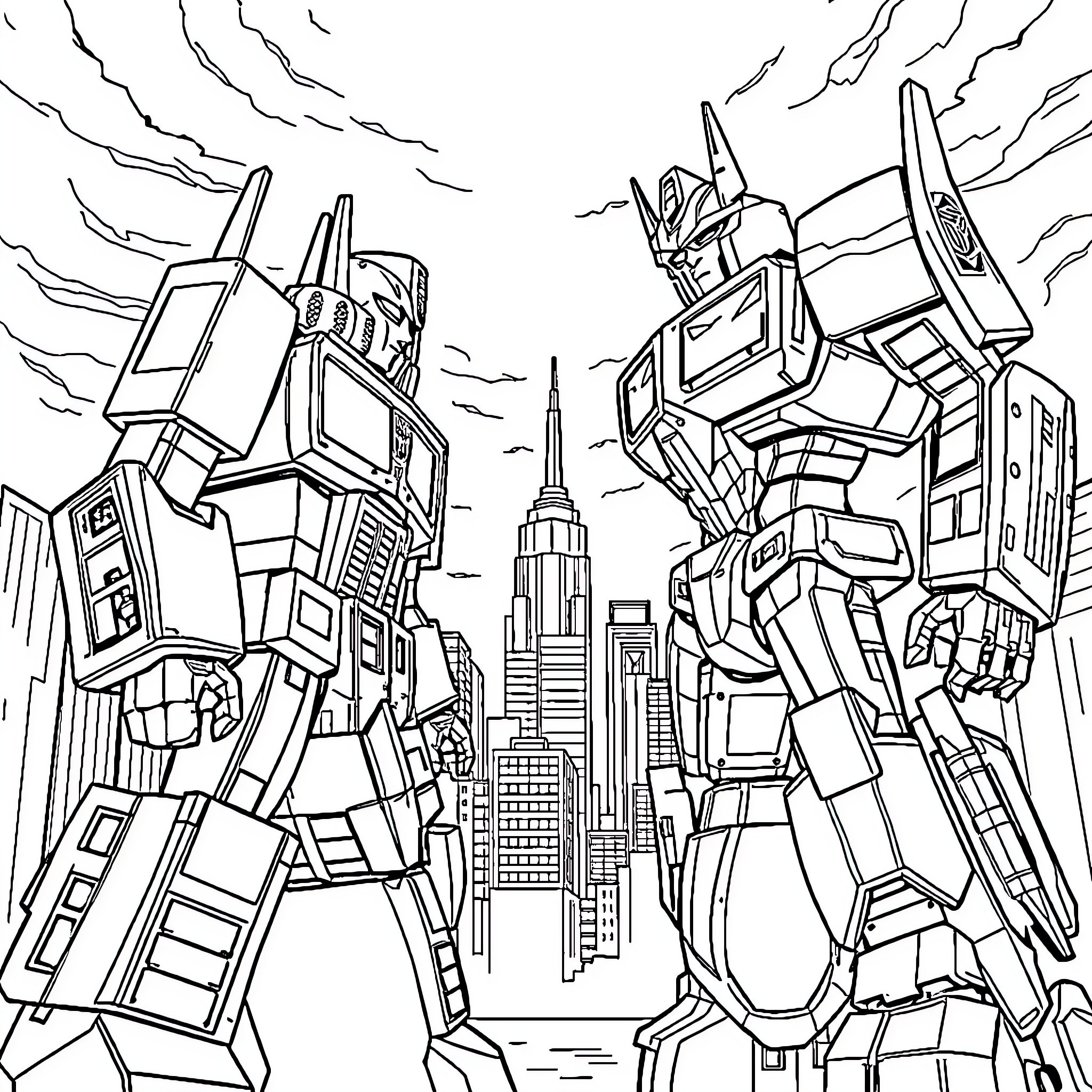Optimus Prime and Autobots in Epic City Battle Coloring Page (free black-and-white line drawing printable PDF for all, from beginners to advanced learners, including children, teens, adults, and seniors)