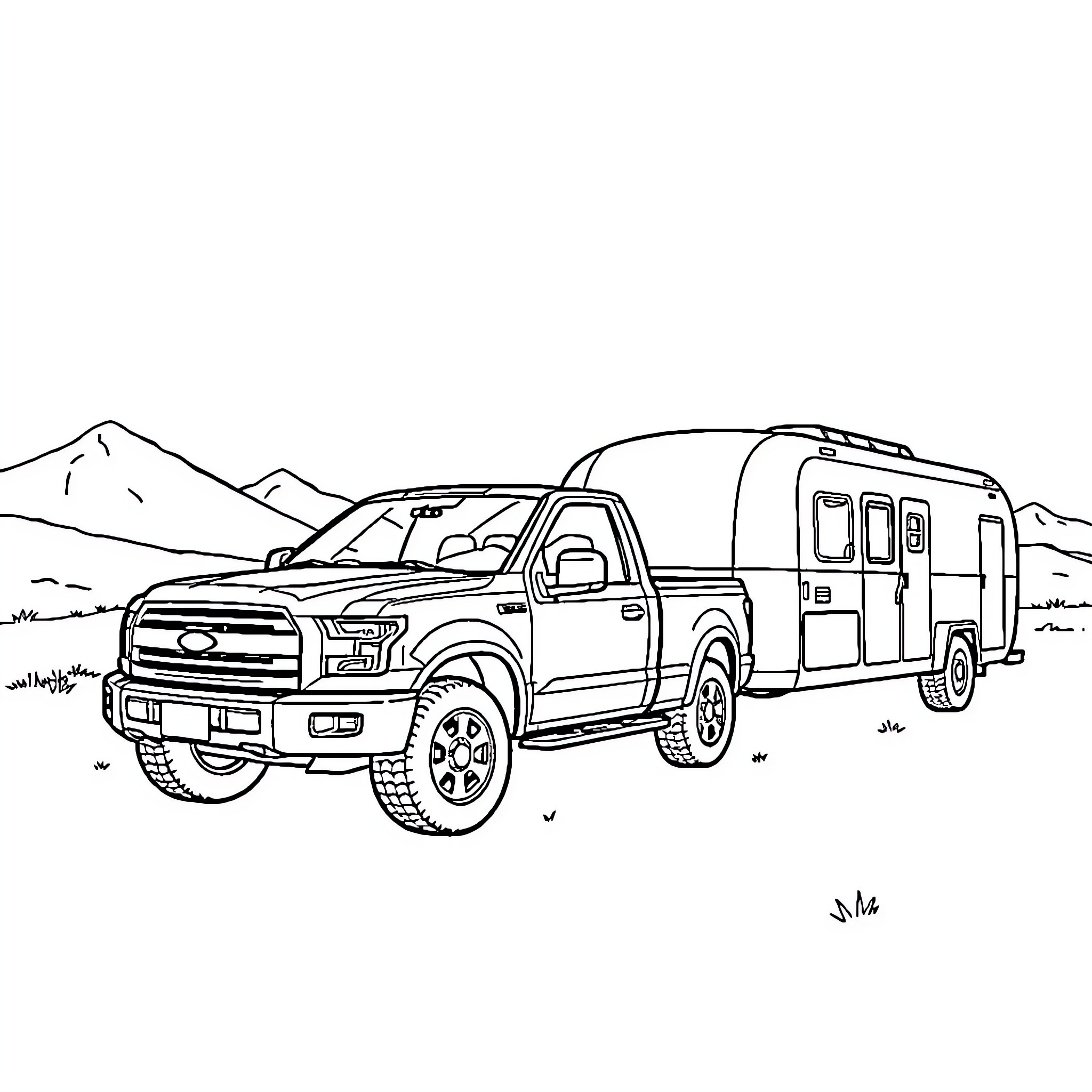 Pick Up Truck Towing Camper Through Scenic Landscape Coloring Page (free black-and-white line drawing printable PDF for all, from beginners to advanced learners, including children, teens, adults, and seniors)
