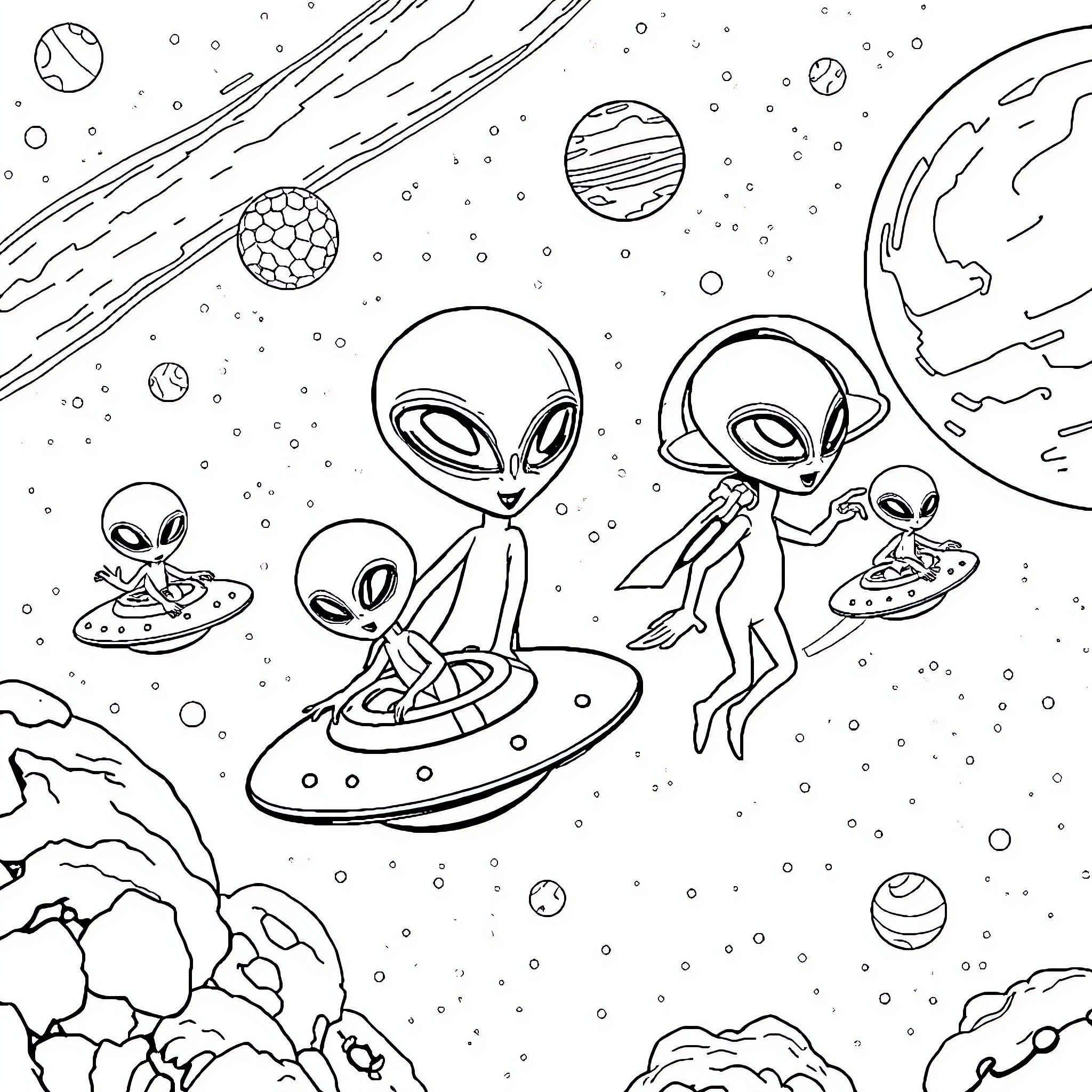 Alien Creatures Exploring Mysterious Cosmic Landscapes Coloring Page (free black-and-white line drawing printable PDF for all, from beginners to advanced learners, including children, teens, adults, and seniors)