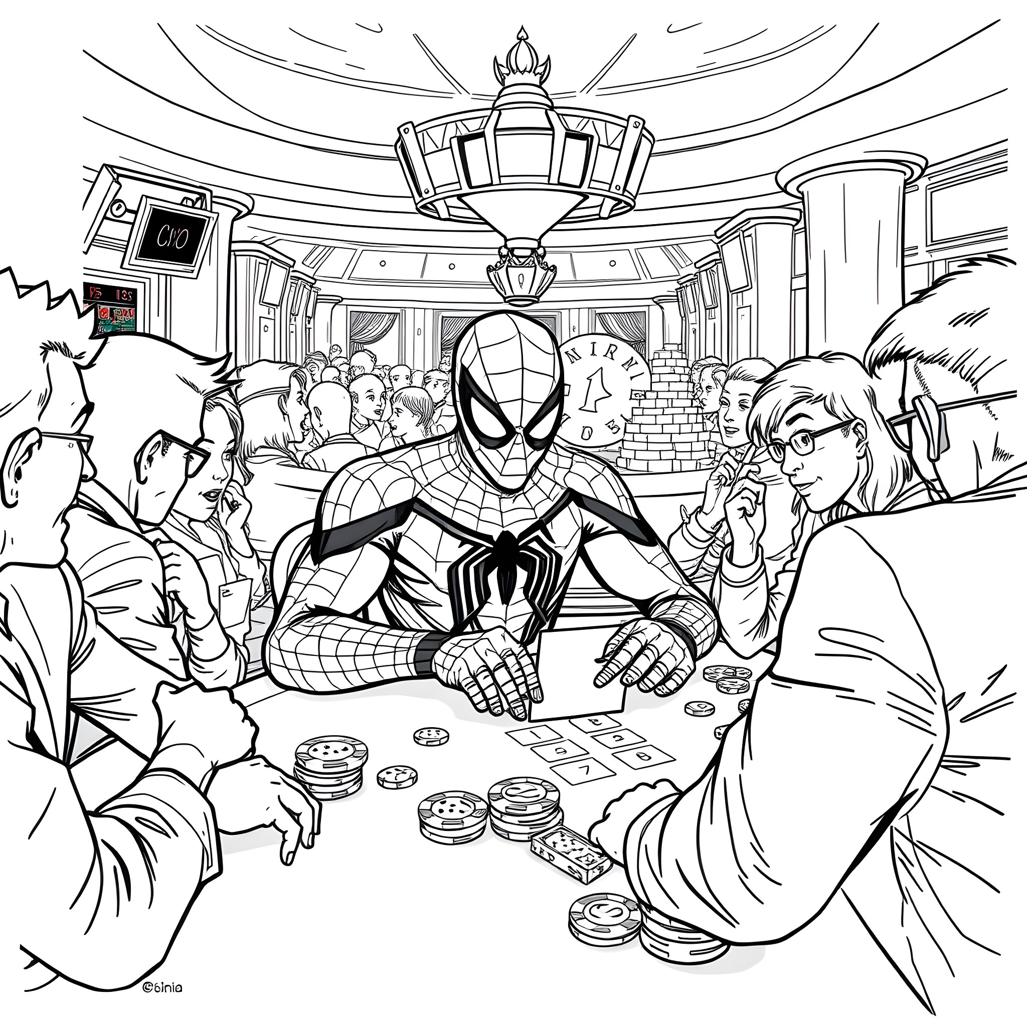 Spiderman Gambling with Crowd in Casino Setting Coloring Page (free black-and-white line drawing printable PDF for all, from beginners to advanced learners, including children, teens, adults, and seniors)