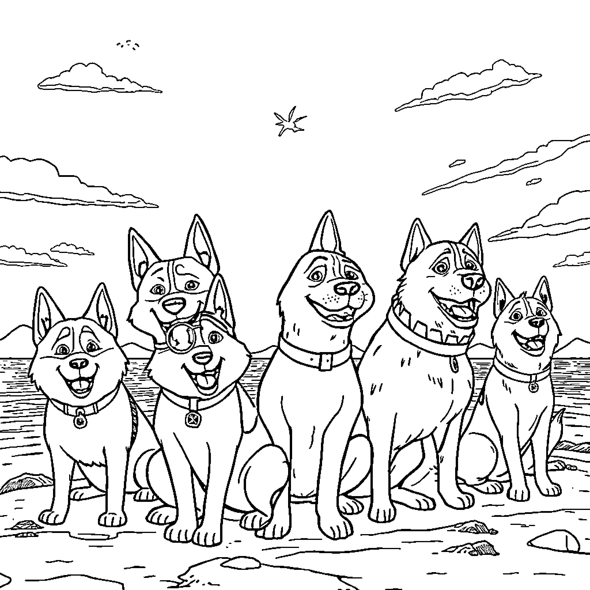 Dogs playing happily on the beach Coloring Page (free black-and-white line drawing printable PDF for all, from beginners to advanced learners, including children, teens, adults, and seniors)