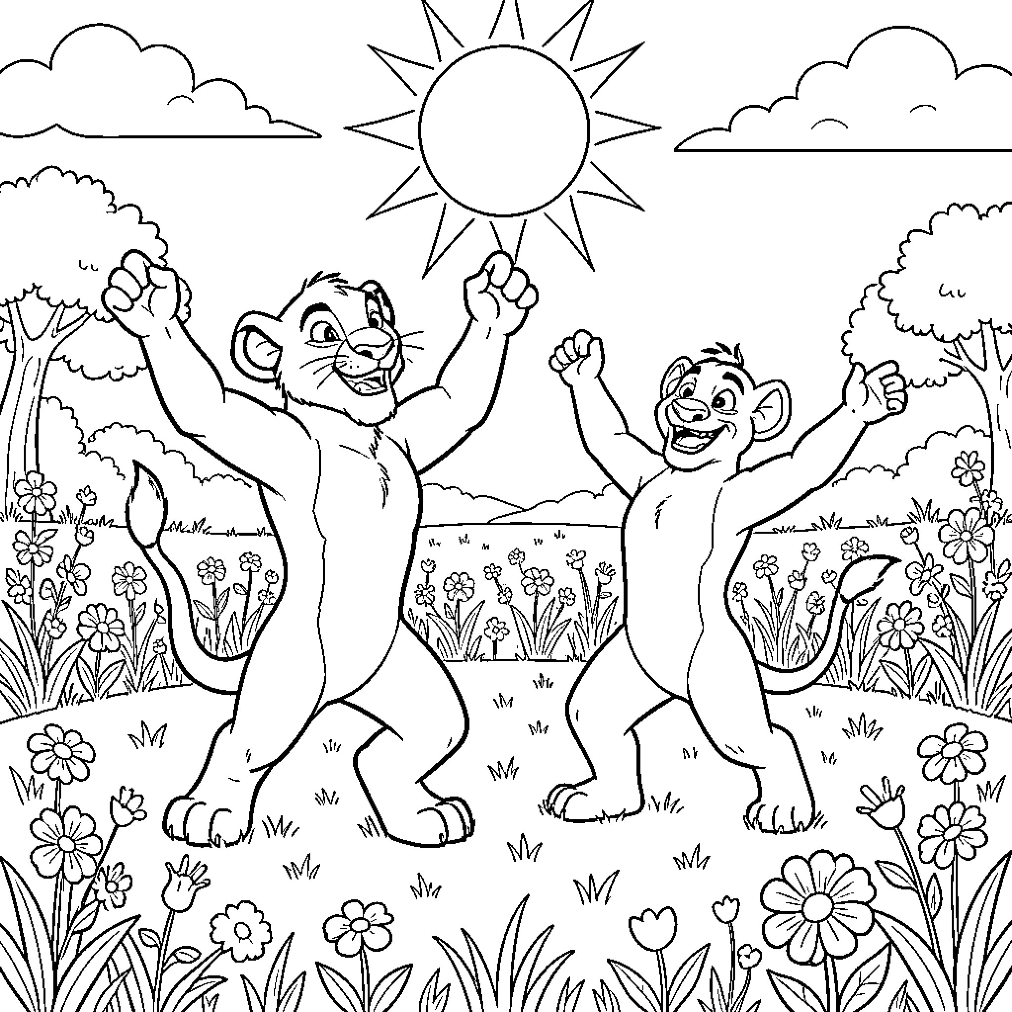 Simba and Nala playing joyfully in the sun-filled meadow Coloring Page (free black-and-white line drawing printable PDF for all, from beginners to advanced learners, including children, teens, adults, and seniors)