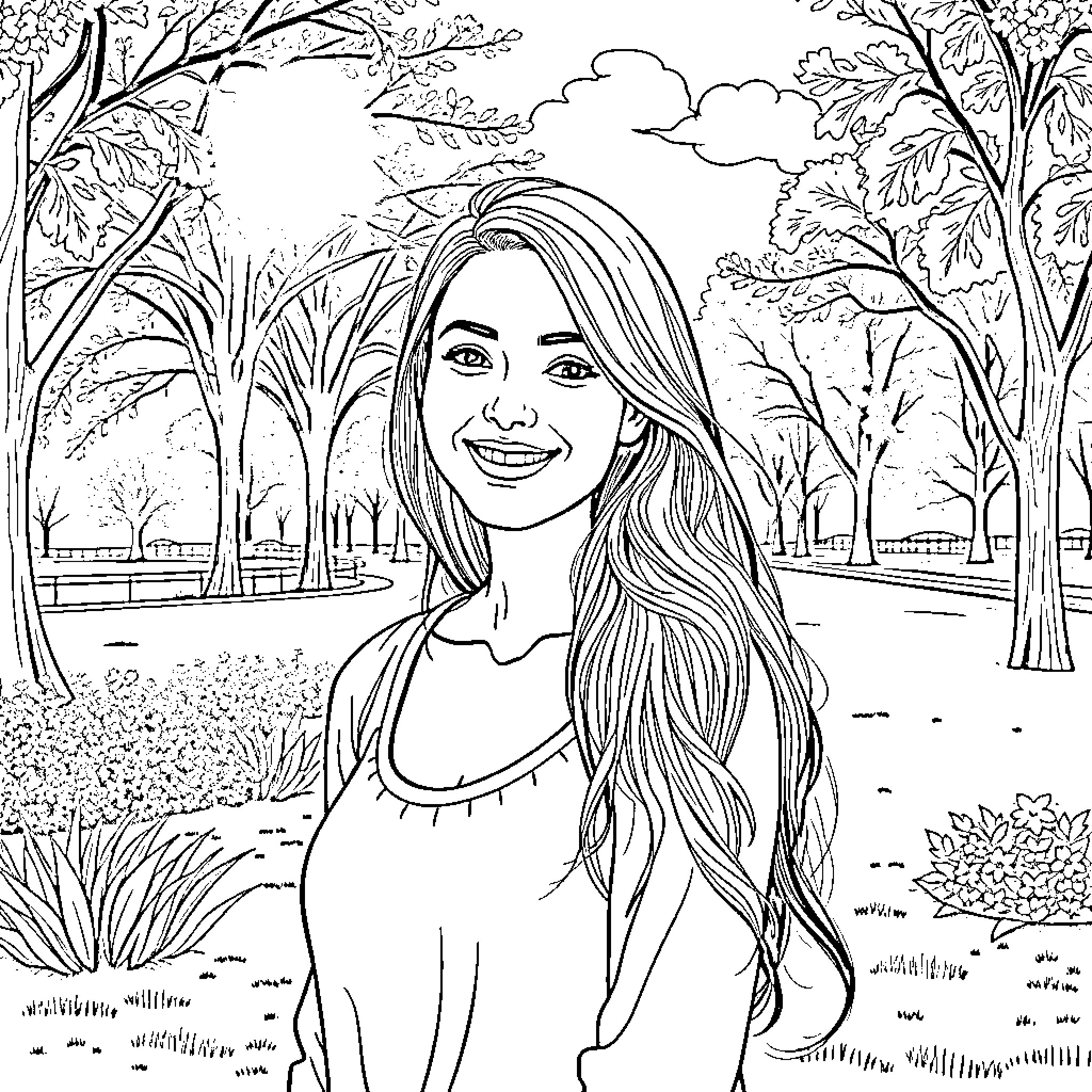 Woman posing in a serene outdoor setting Coloring Page (free black-and-white line drawing printable PDF for all, from beginners to advanced learners, including children, teens, adults, and seniors)