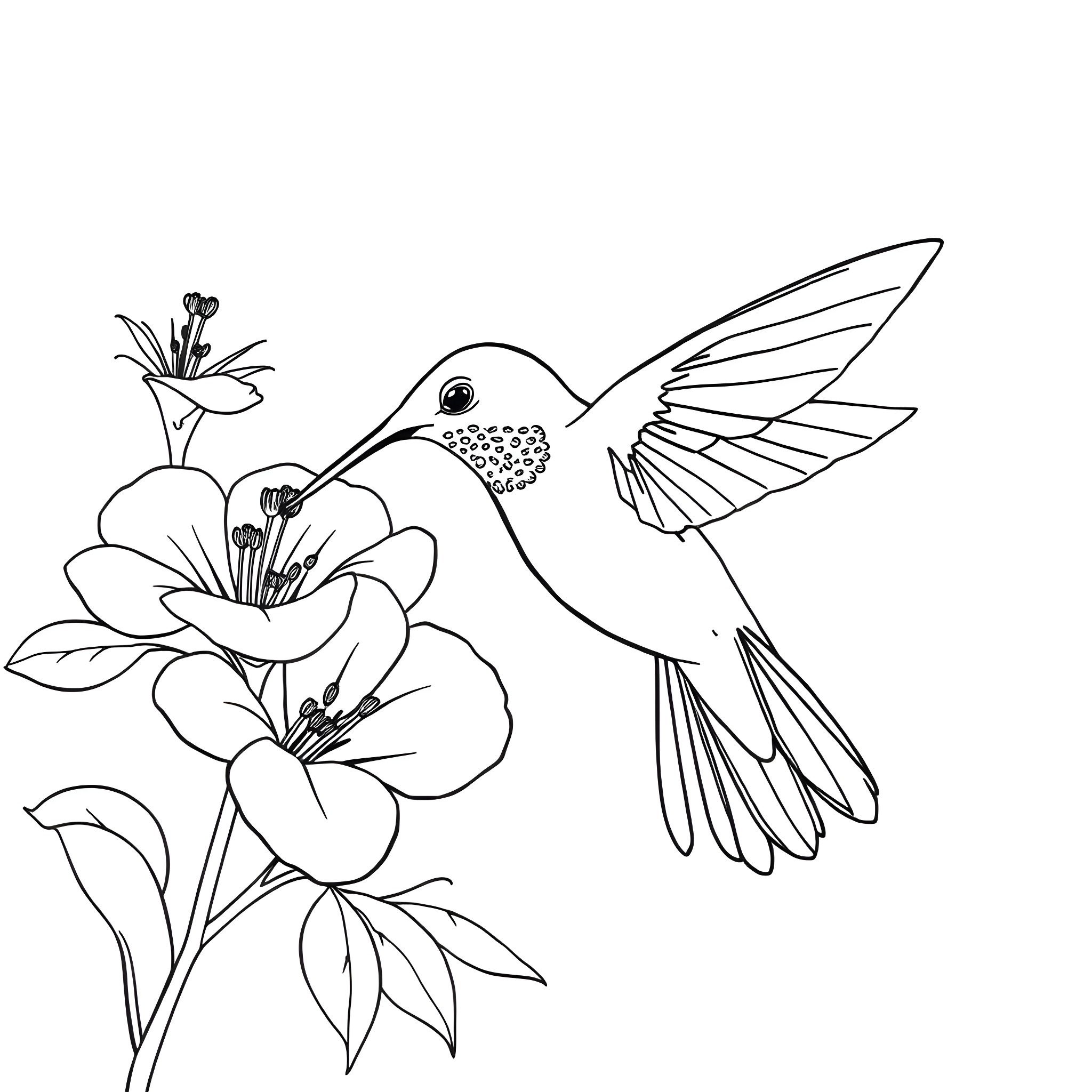 Hummingbird visiting a blooming flower Coloring Page (free black-and-white line drawing printable PDF for all, from beginners to advanced learners, including children, teens, adults, and seniors)