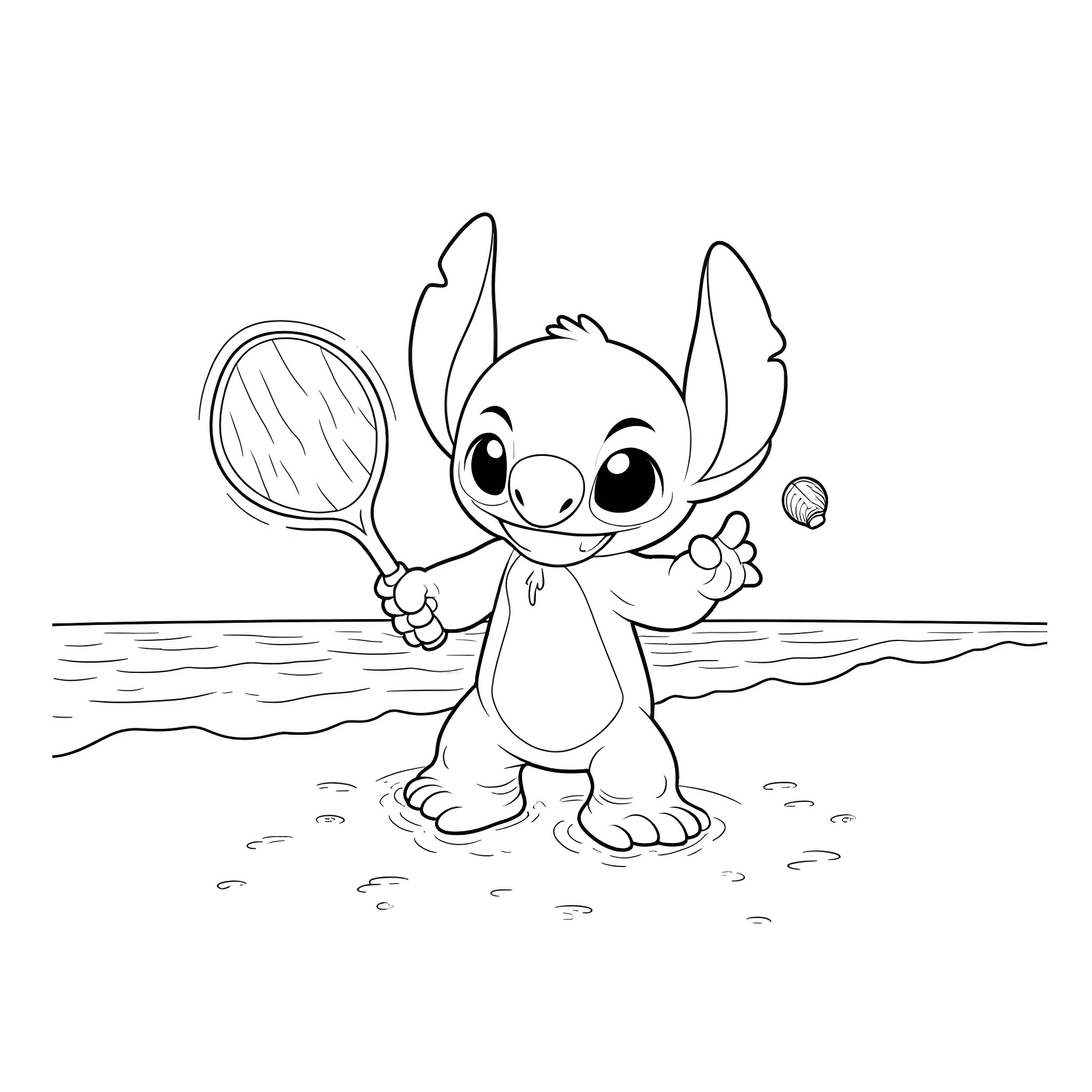 Stitch playing on the beach with a racket Coloring Page (free black-and-white line drawing printable PDF for all, from beginners to advanced learners, including children, teens, adults, and seniors)